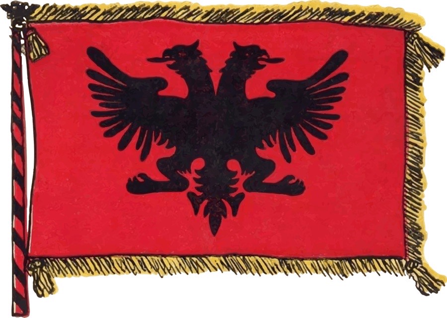 A 1920 hand-painted postcard by Spiridon Ilo showing the Albanian double-headed eagle on a red field with gold tassels