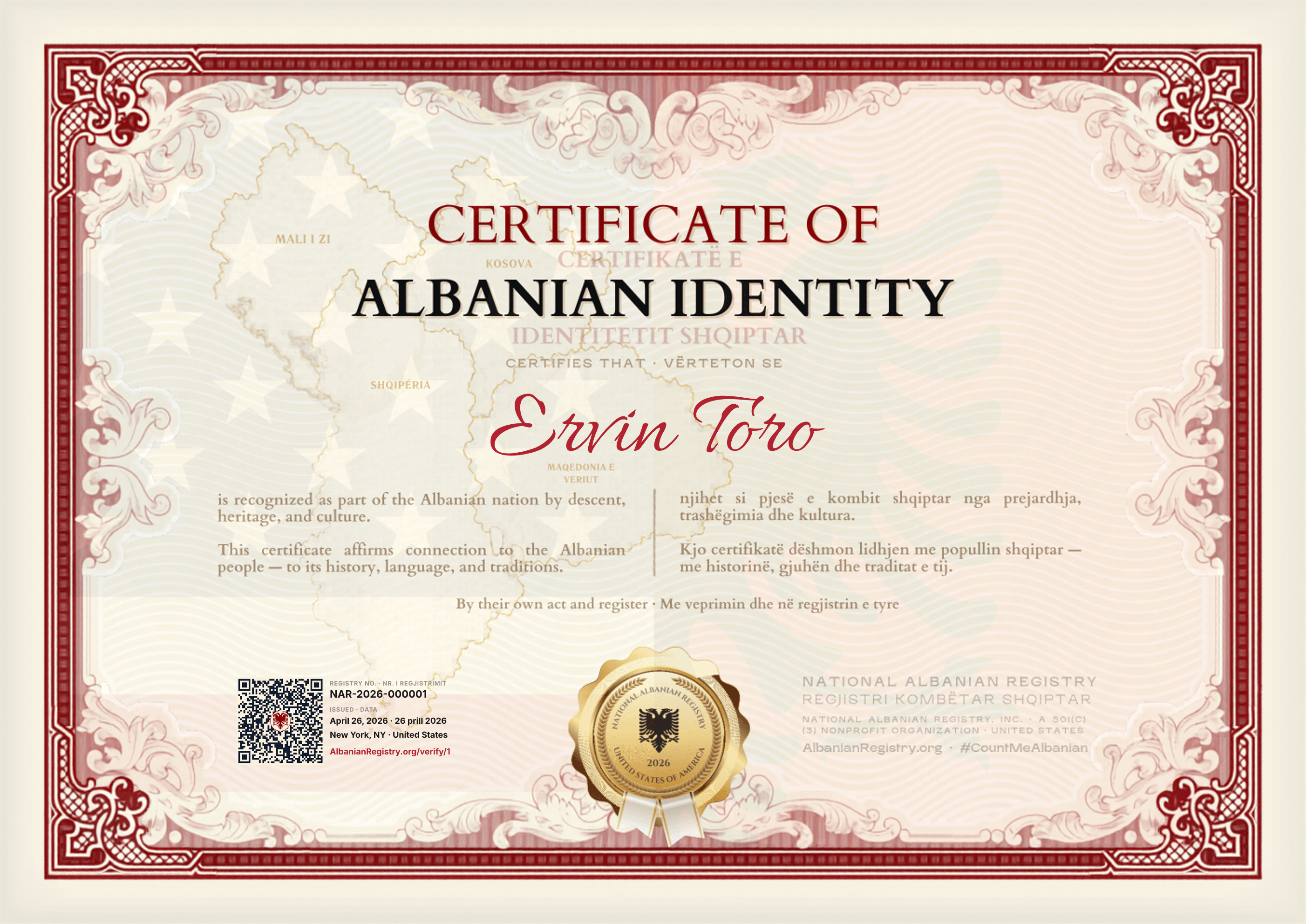 Certificate of Albanian Identity for Ervin Toro