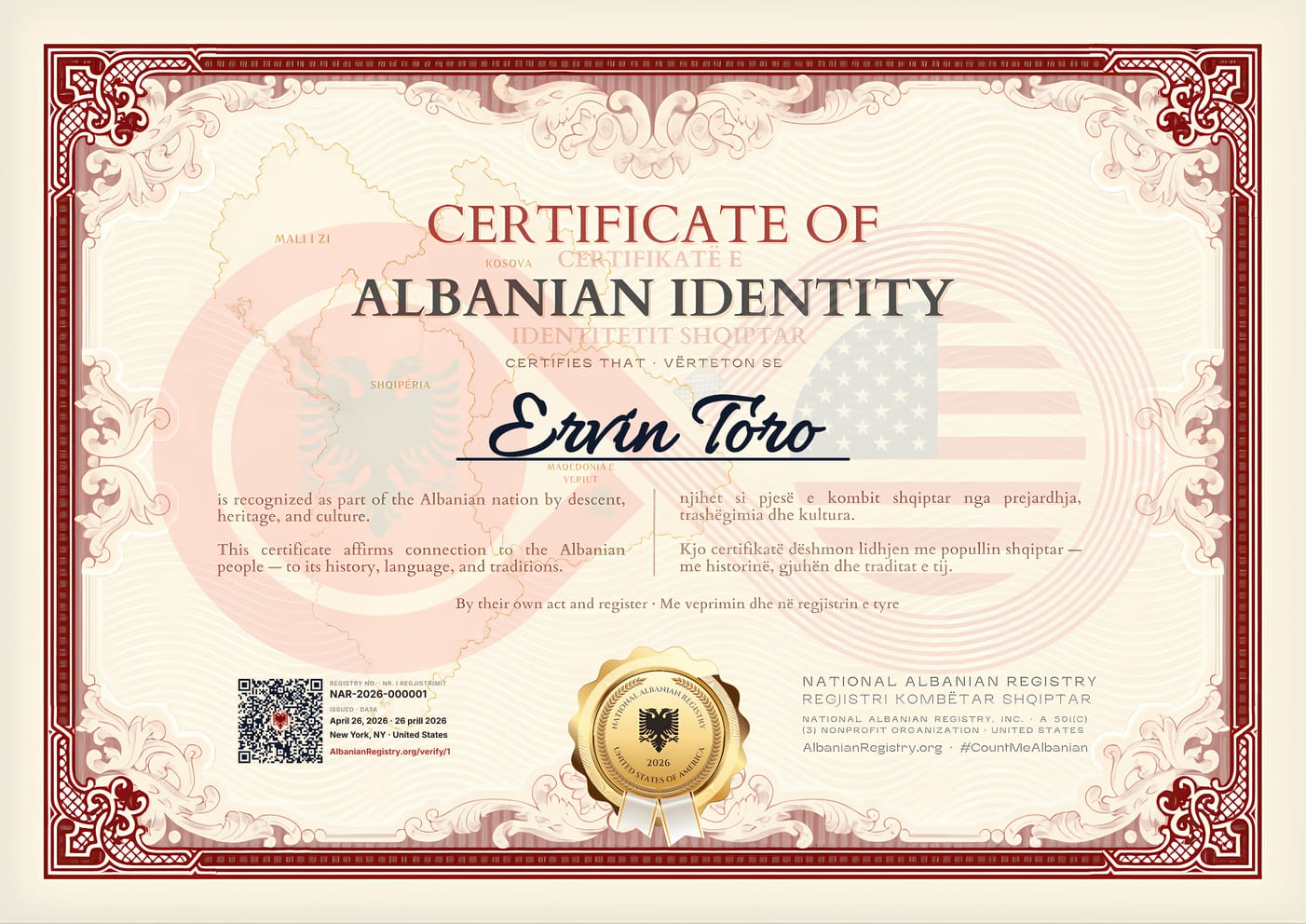 Commemorative Certificate of Albanian Identity for Ervin Toro