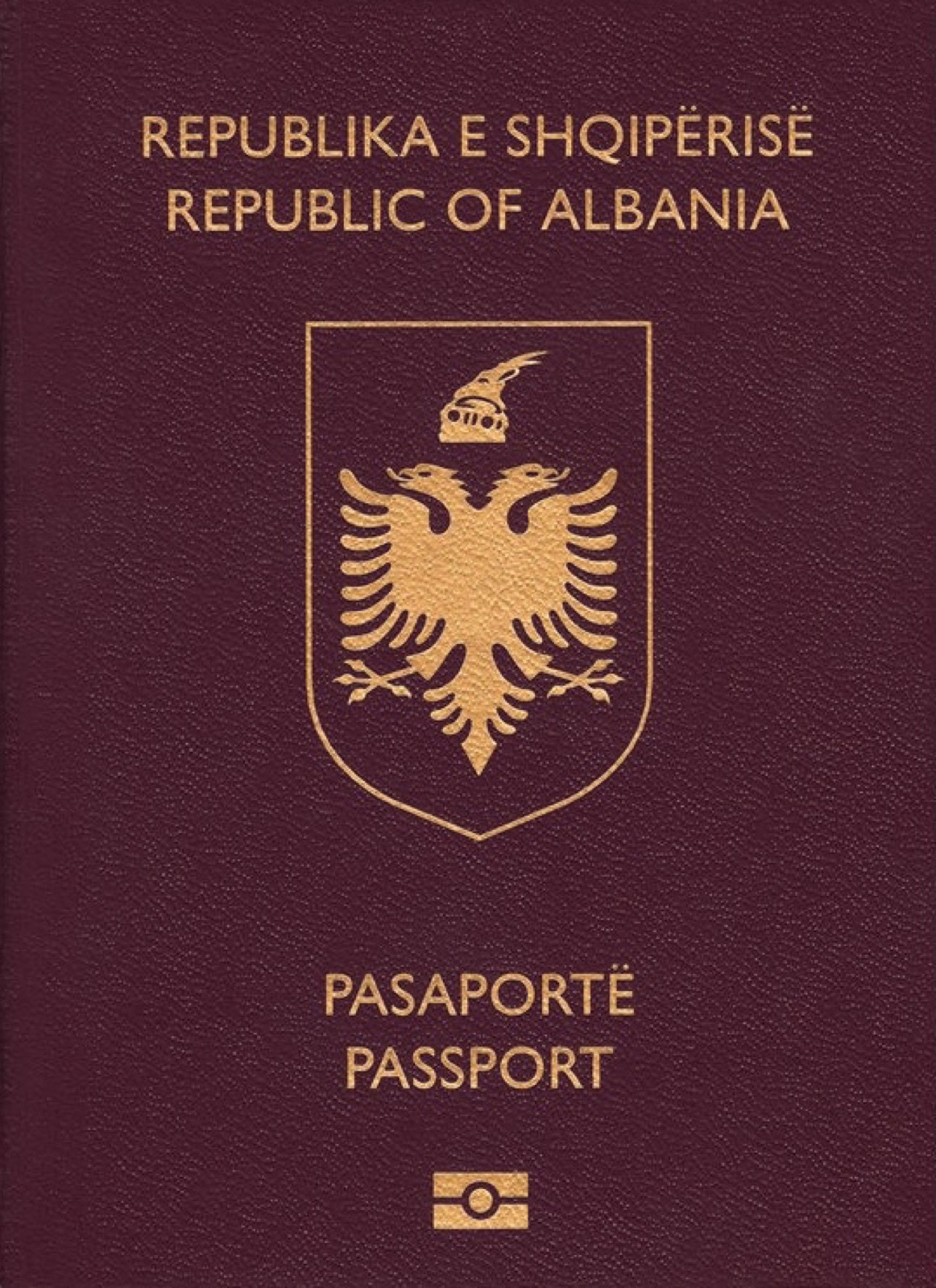 Current Albanian biometric passport — burgundy cover with the double-headed eagle, EU-aligned design issued since 2009.