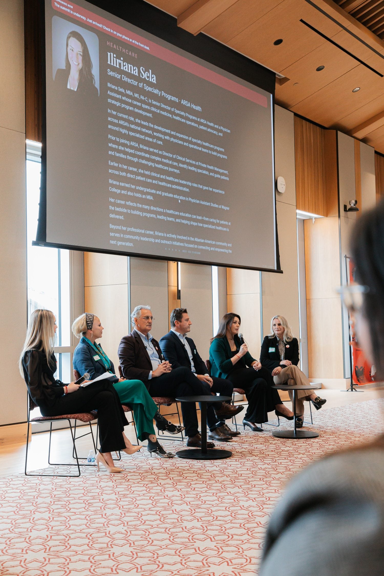 Një panel gjatë zhvillimit, me biografinë e një panelisti në ekranin pas skenës.