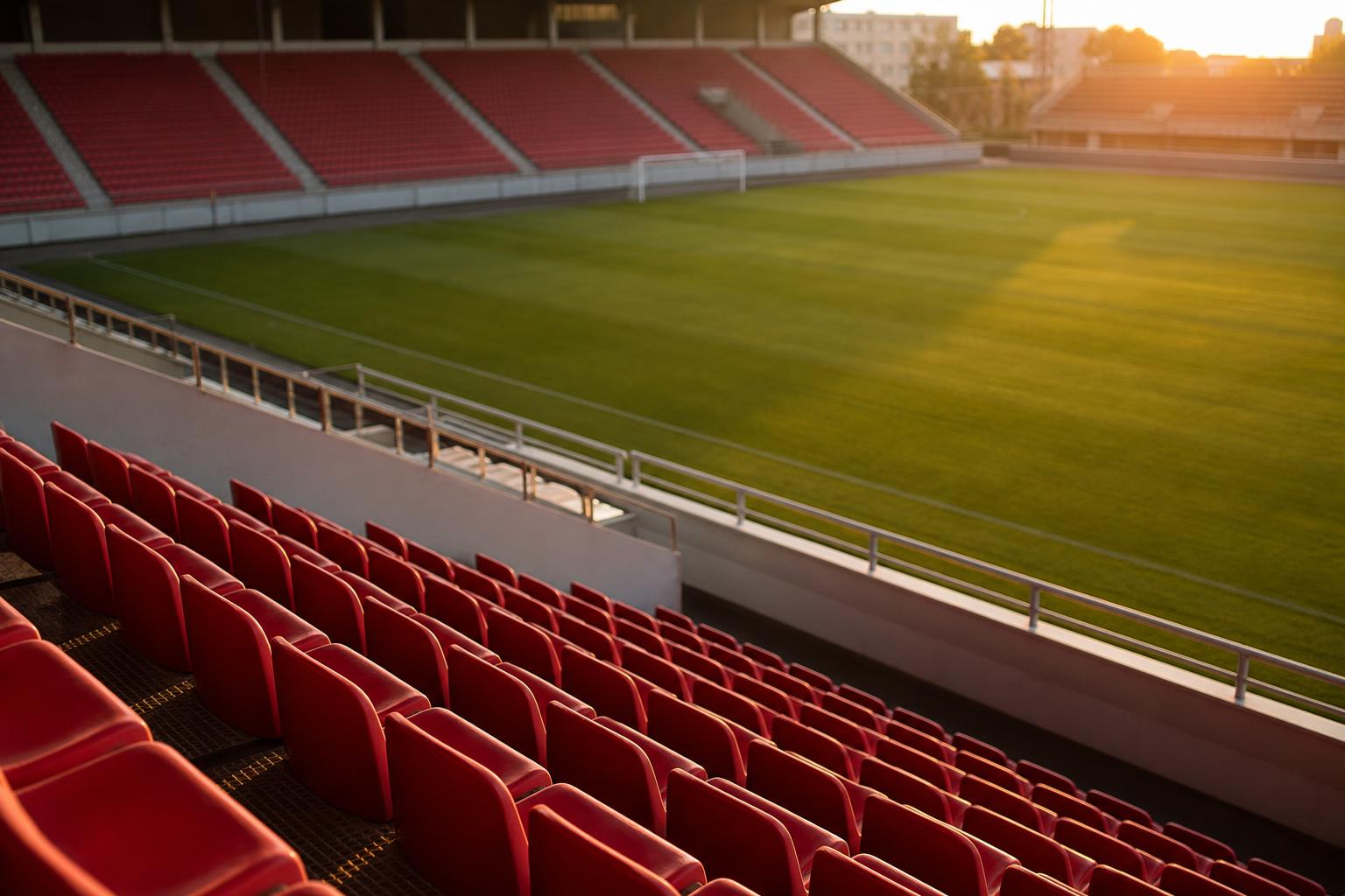 Empty stadium interior at golden hour — rows of red seats, a bare green pitch, no players, sunlight raking across the field.
