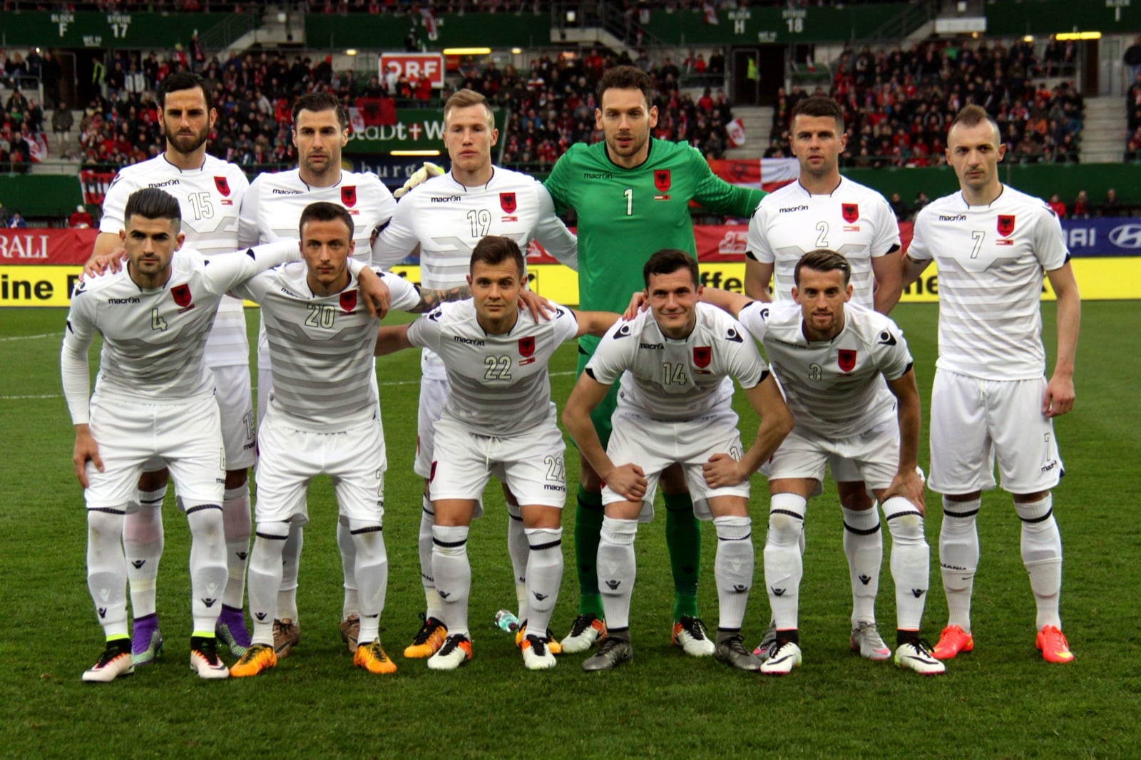 The Albania squad in their visitors' kit ahead of an away qualifier, March 2016.