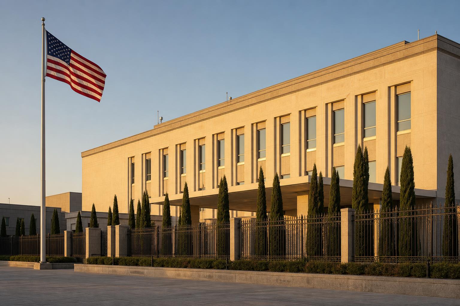 Front exterior of the United States Embassy in Tirana at golden hour, American flag flying on a tall pole, the modern beige stone facade catching warm late-afternoon light.