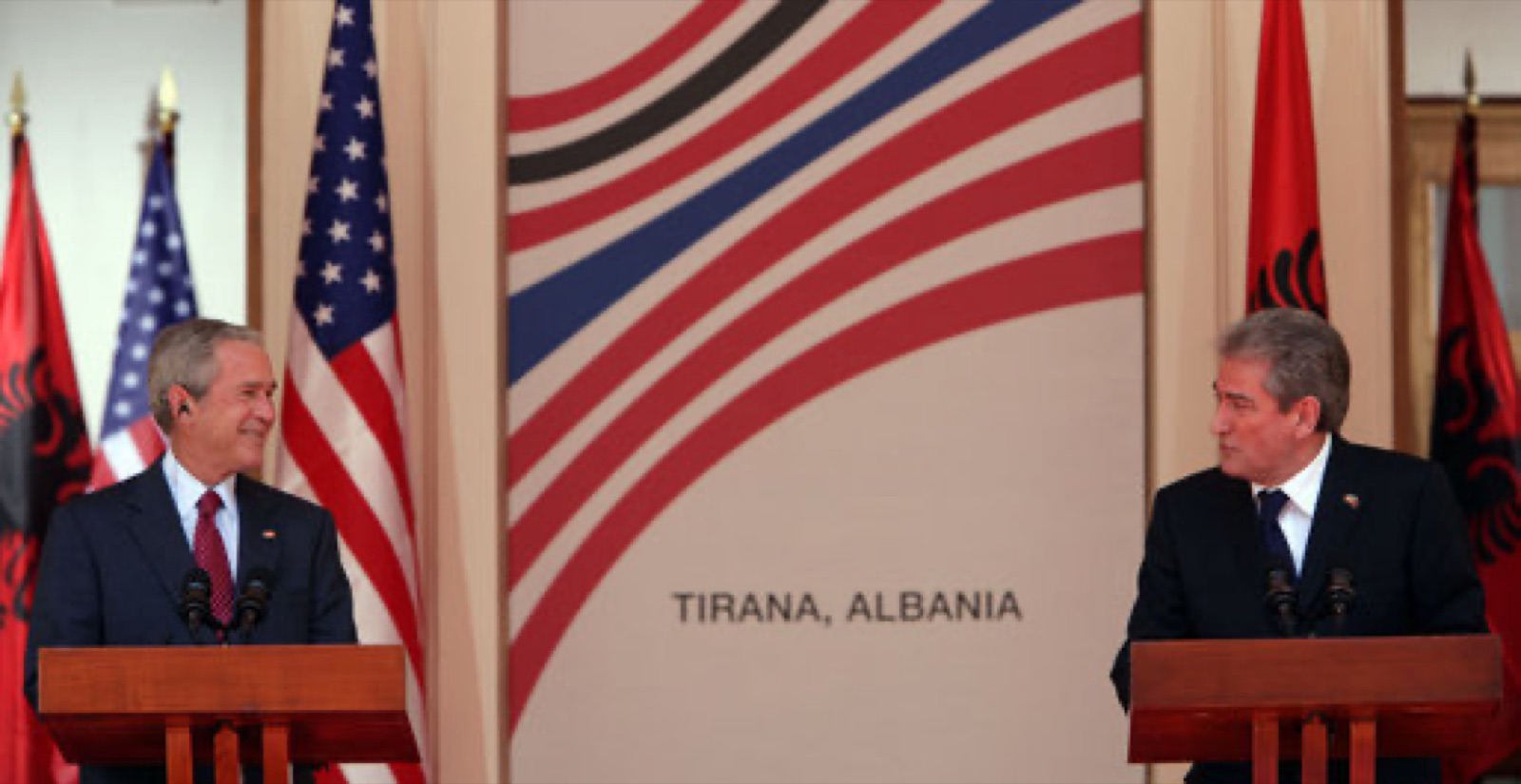 President George W. Bush with Prime Minister Sali Berisha at a joint press conference in Tirana, 10 June 2007 — the first sitting US president to visit Albania.