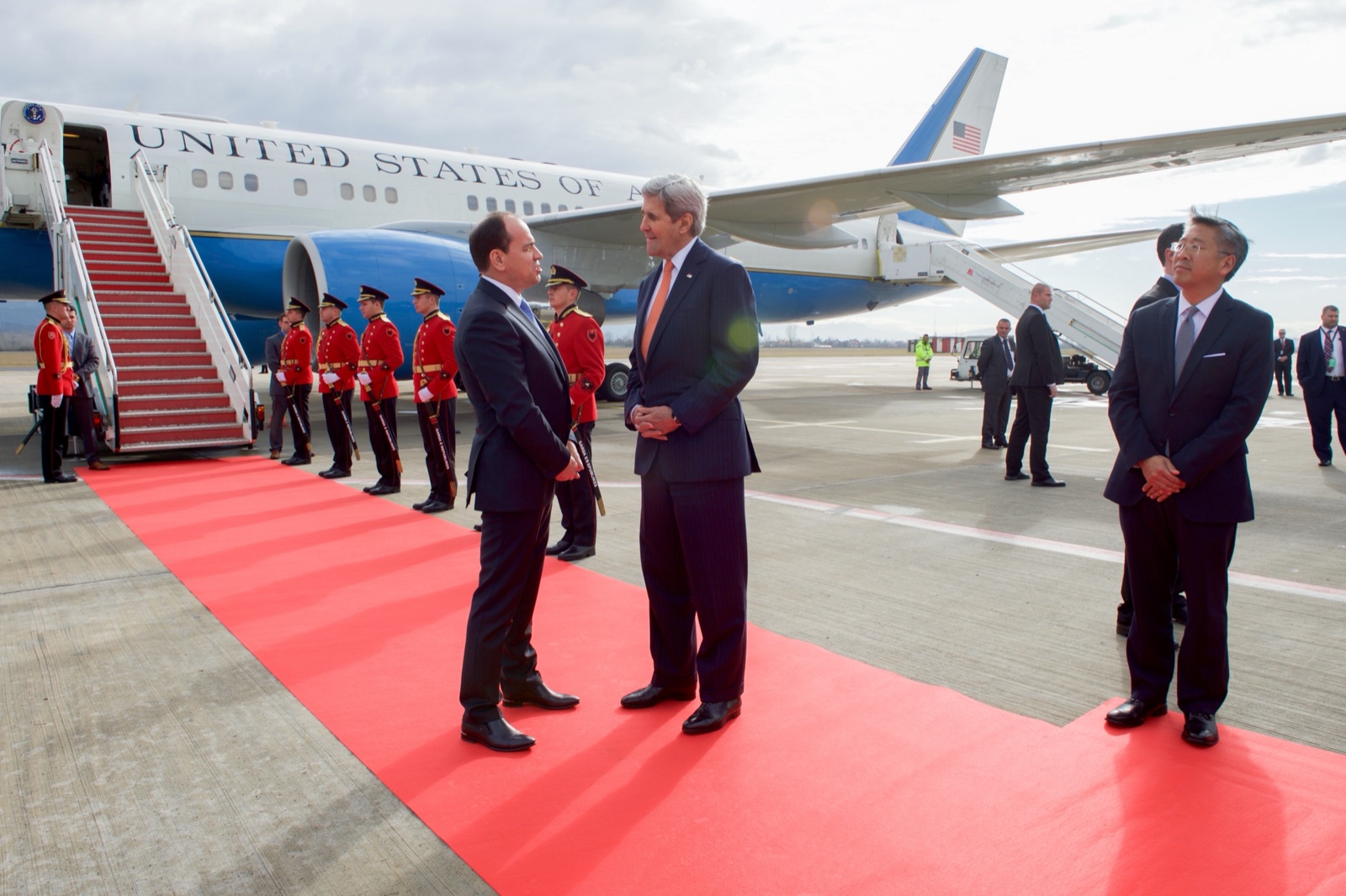 Albanian President Bujar Nishani meets US Secretary of State John Kerry in Tirana, February 2016 — part of the routine cabinet-level engagement that became the norm after NATO accession.