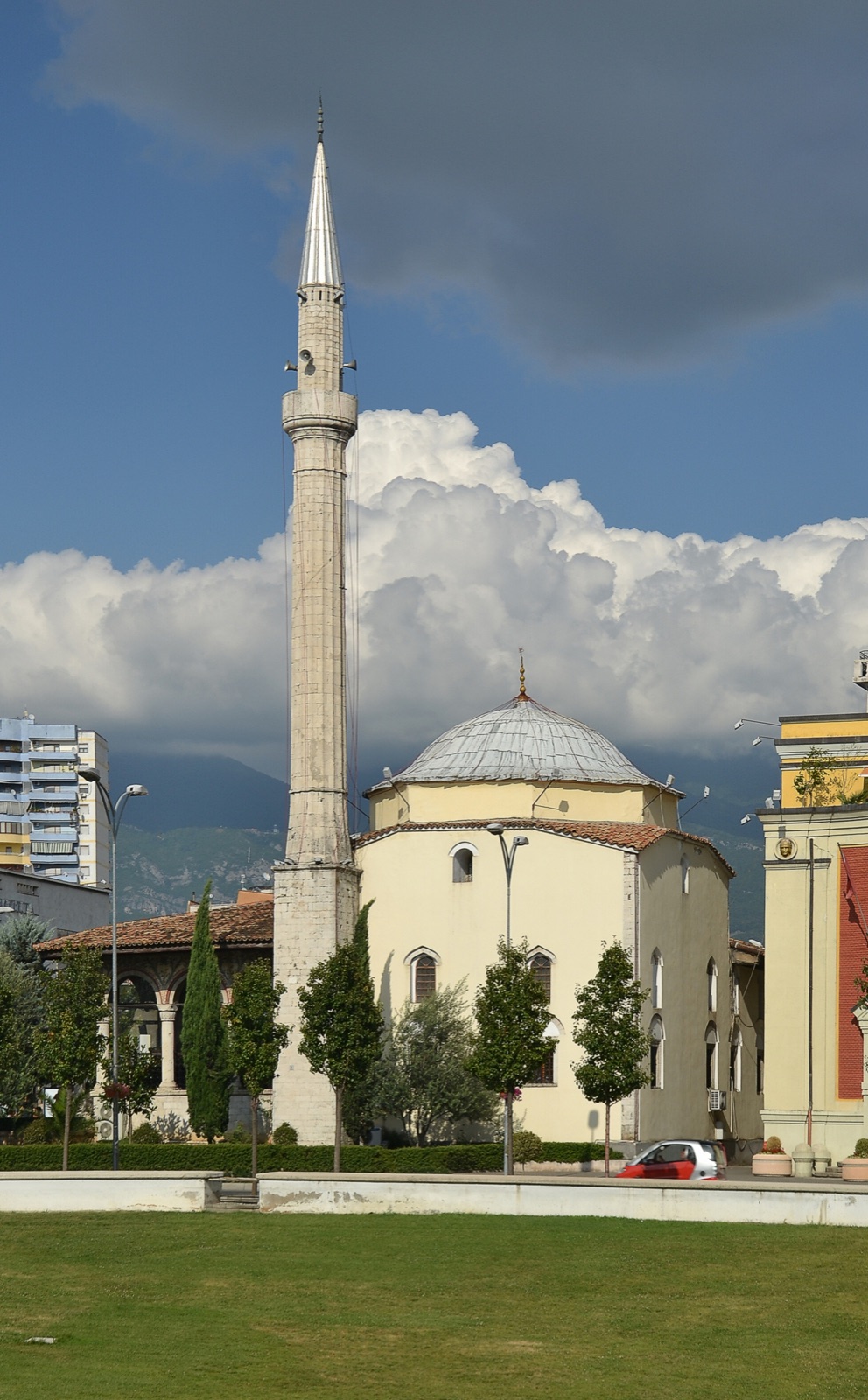 Et'hem Bey Mosque in Tirana — the Ottoman-era Albanian Sunni mosque whose minaret-and-dome silhouette informed the Harper Woods design. Construction began 1791; completed 1821.
