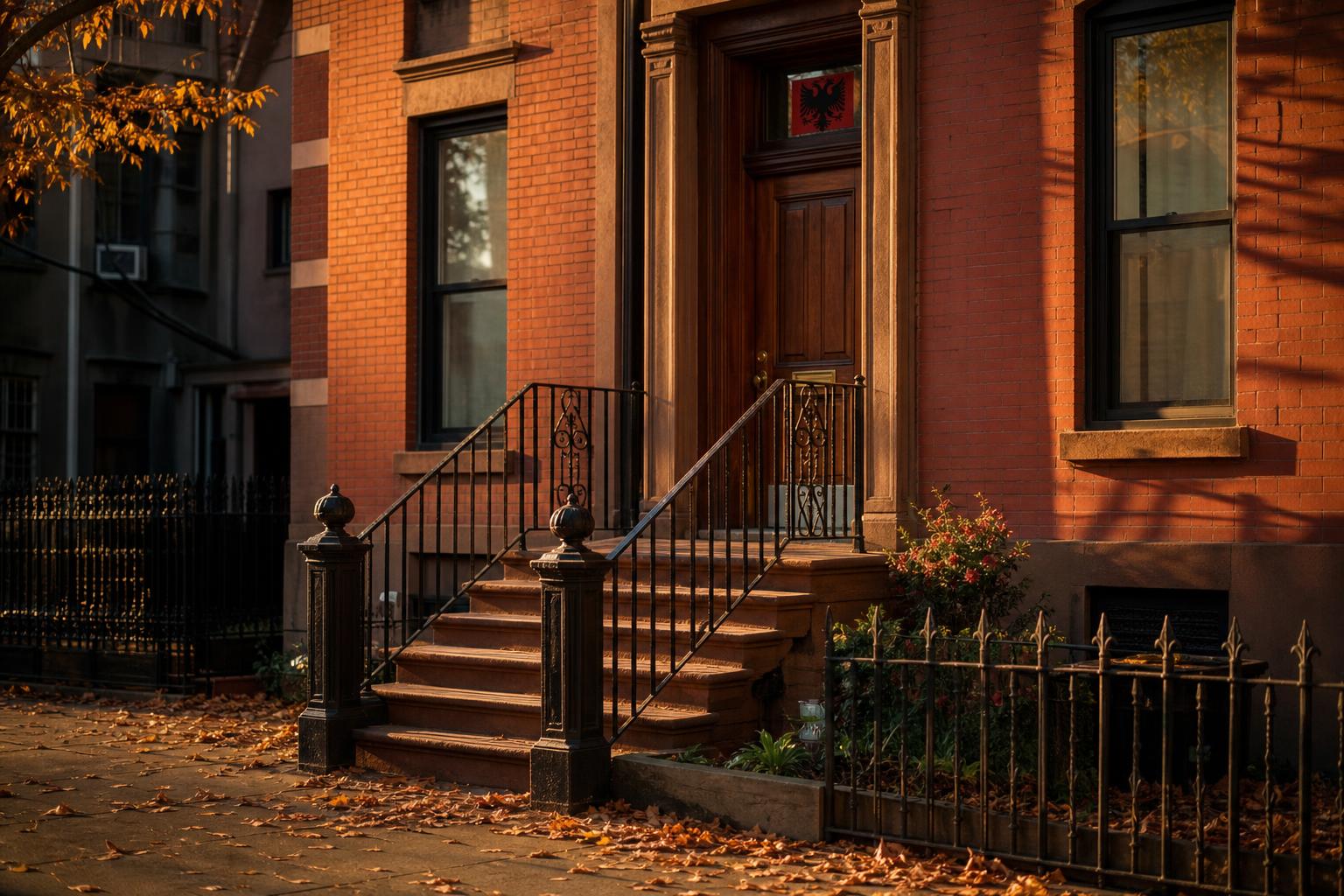 Empty Bronx-style brick stoop at golden hour with a small Albanian eagle decal in a window above the door, autumn leaves on the sidewalk.