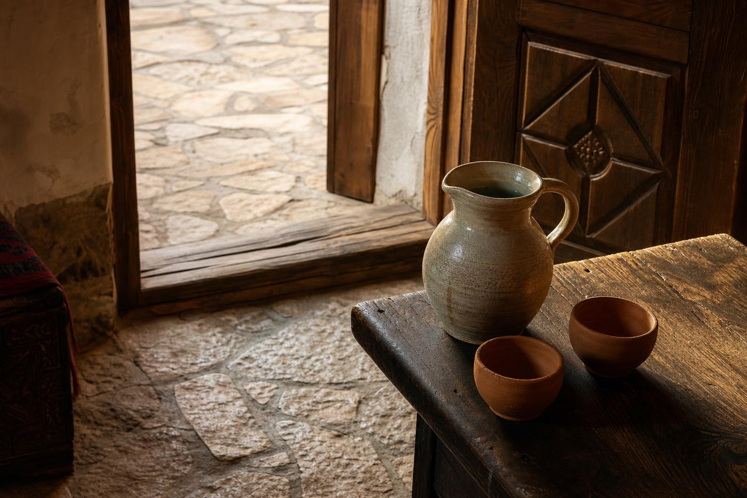 Empty stone-floor doorway with a wooden threshold, a small ceramic water pitcher and two clay cups on a rough table just inside.