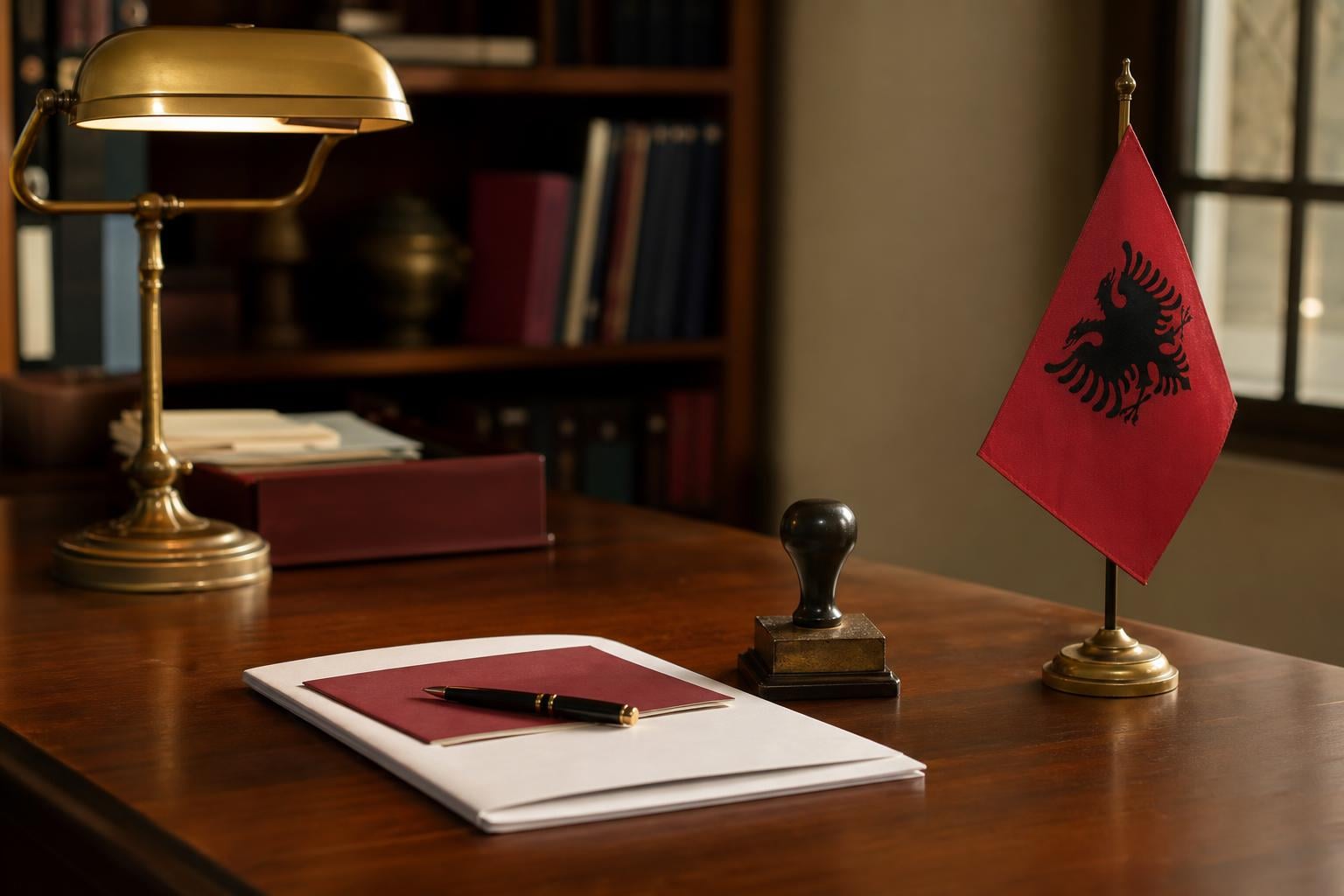 Empty Albanian consulate office desk — visa application packet, official rubber stamp, brass desk lamp glowing, a small Albanian flag in a stand.