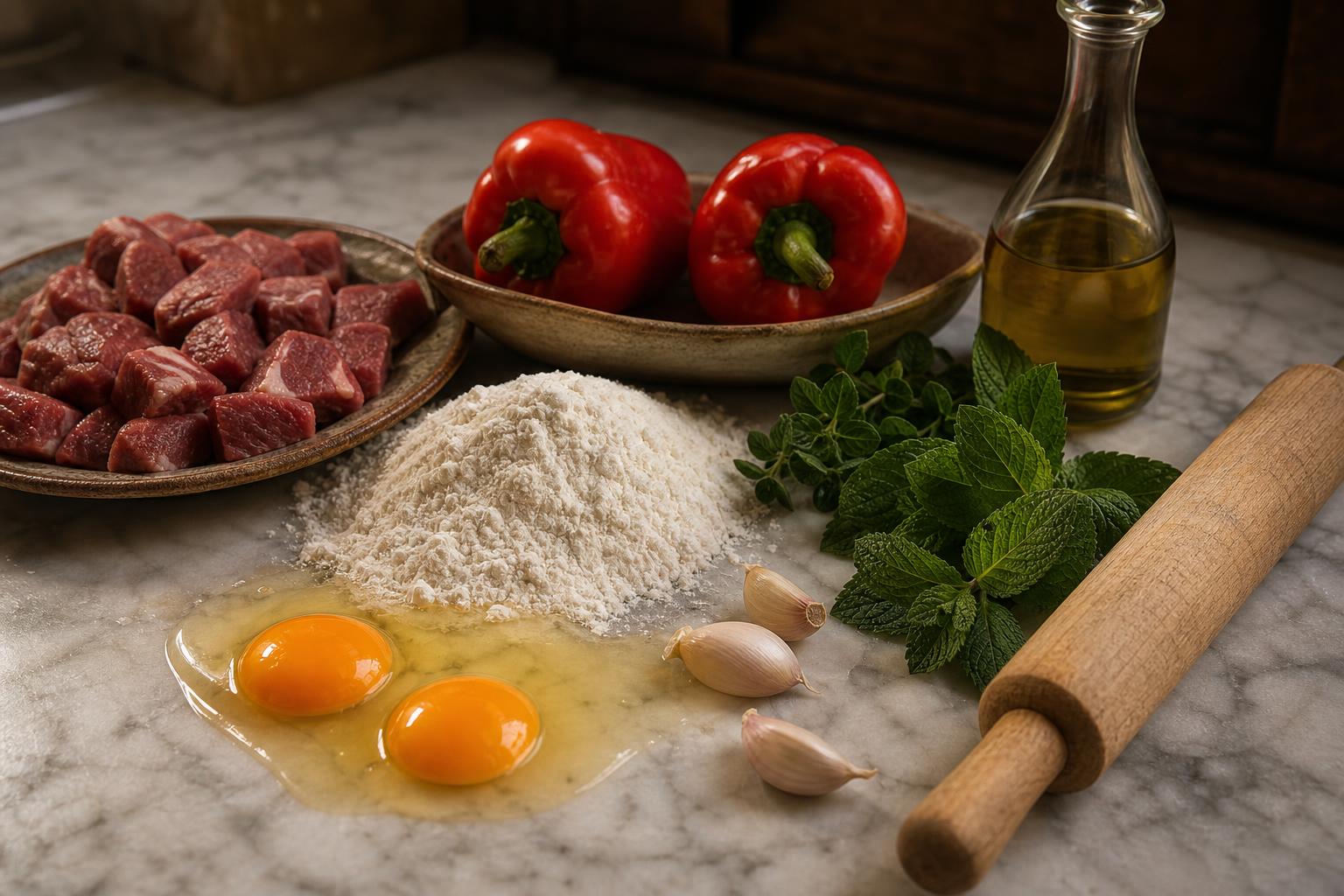 Marble countertop with raw ingredients laid out for prep — flour, eggs, lamb cubes, red peppers, fresh mint, oregano, garlic cloves, olive oil, a wooden rolling pin.