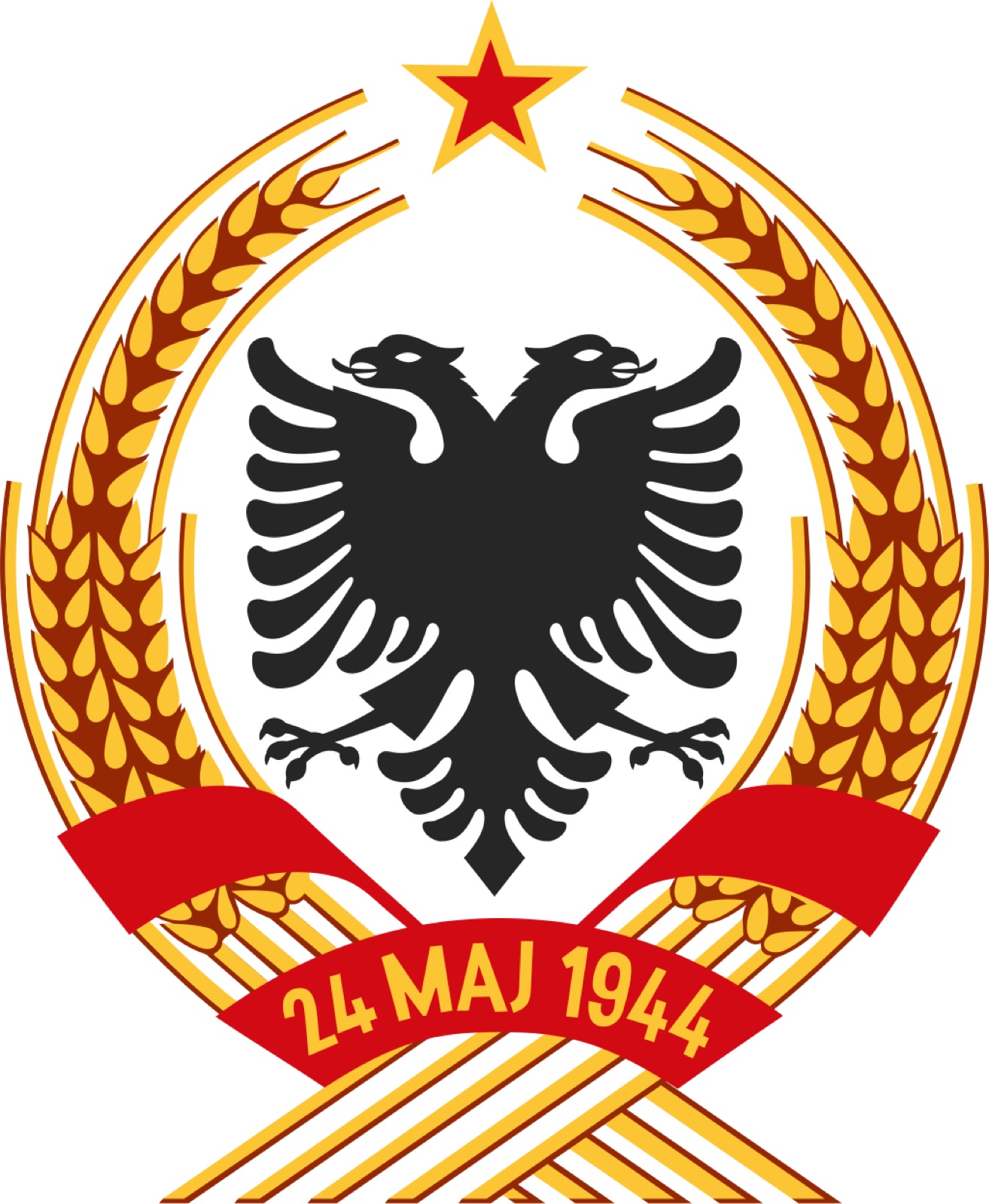 State emblem of the People's Republic of Albania, 1946–1992 — wheat sheaves around the eagle, red star above.