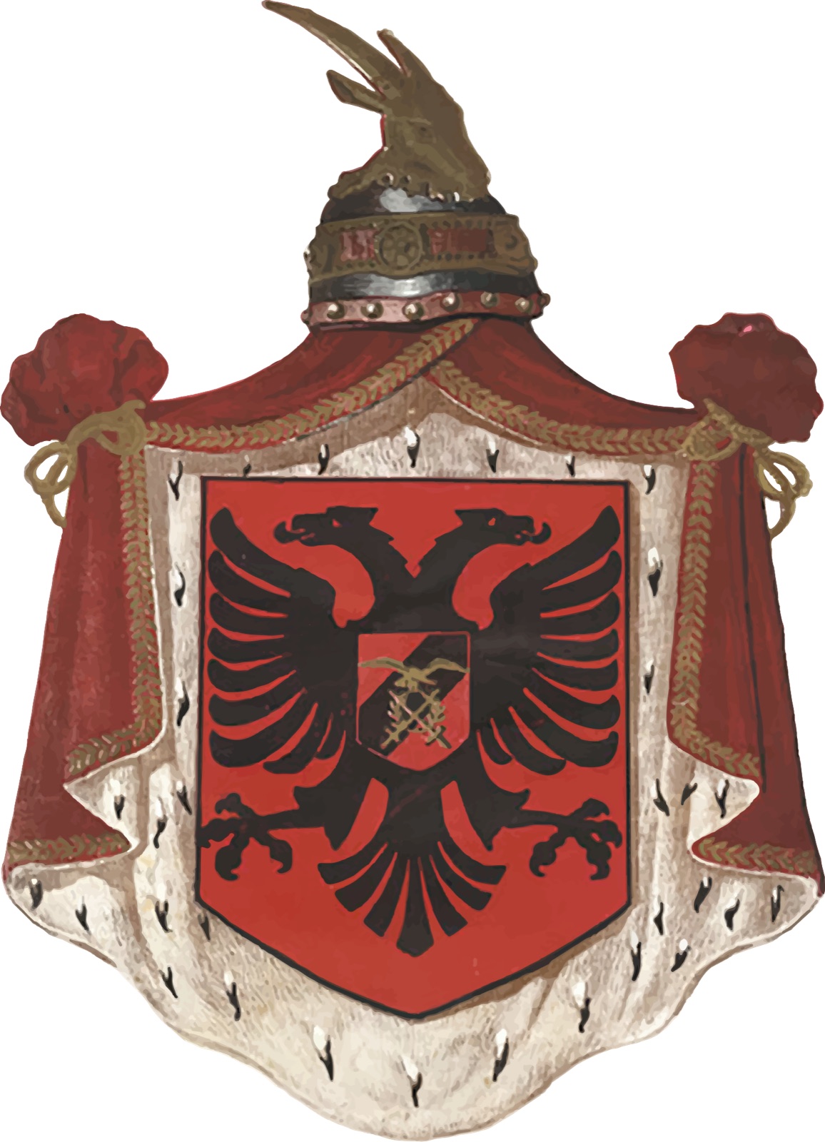 Coat of arms of the Albanian Kingdom, 1928–1939 — double-headed eagle topped with a royal crown, framed by lictor fasces in the Italian-occupation variant.