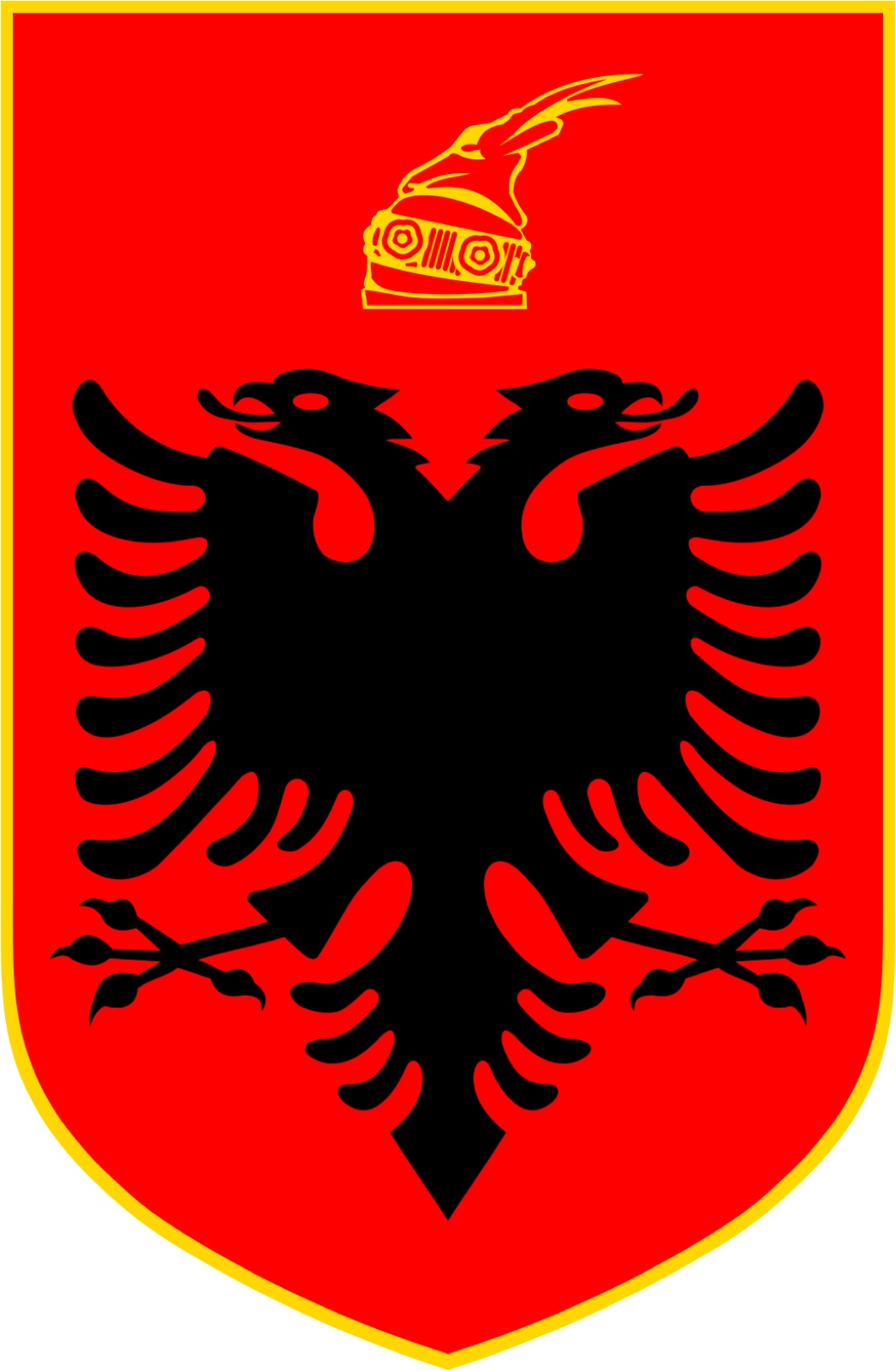 Modern coat of arms of Albania, adopted 1998 — the Skanderbeg helmet sits above the double-headed eagle on the red shield.
