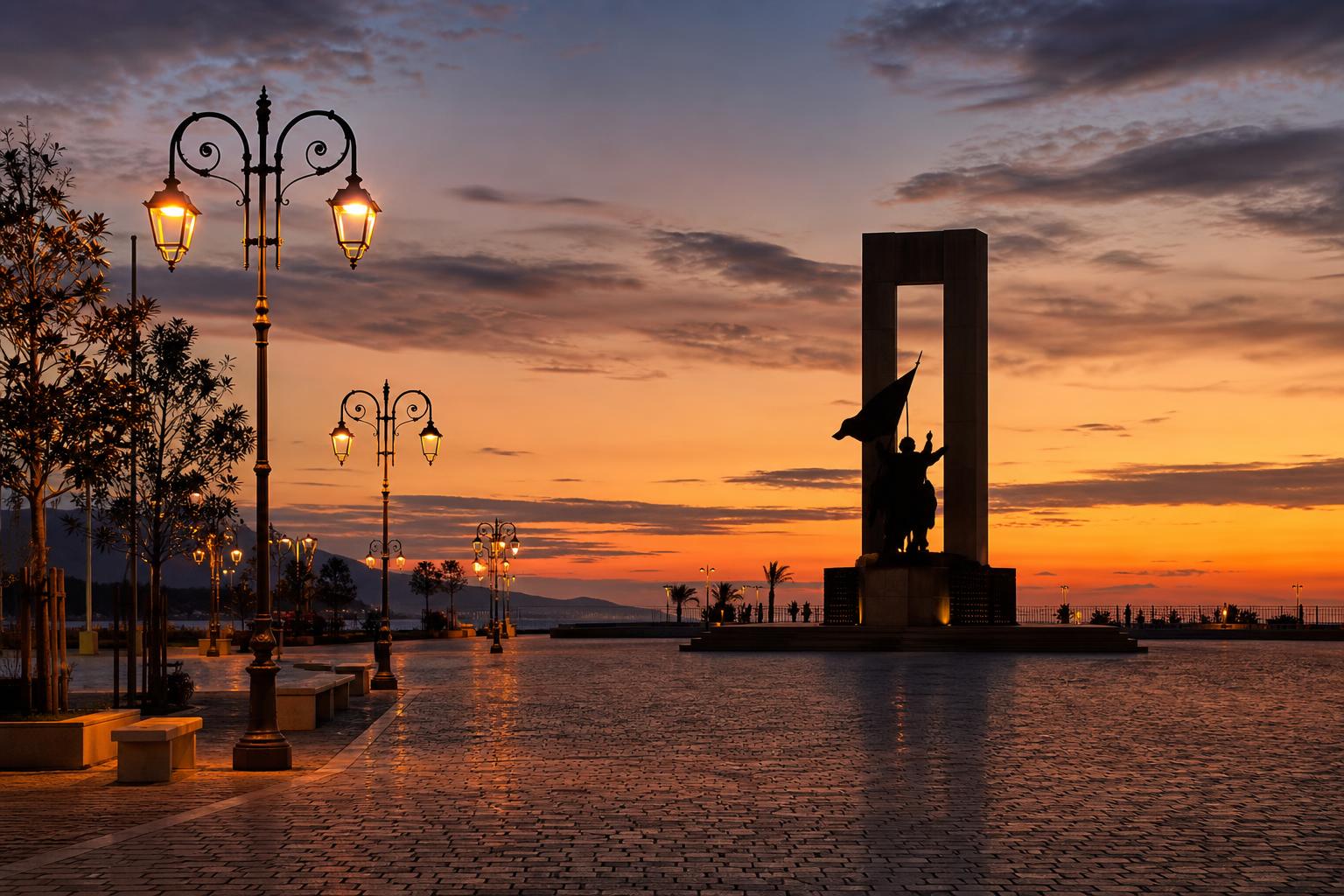 Empty Vlorë independence square at dusk with the Independence Monument silhouetted against an evening sky, cobblestones, wrought-iron lamps lit.