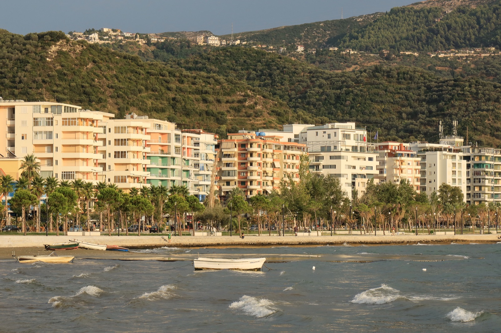 Vlora promenade today, looking south along the Adriatic coast — the same harbor where Ismail Qemali landed on 26 November 1912.