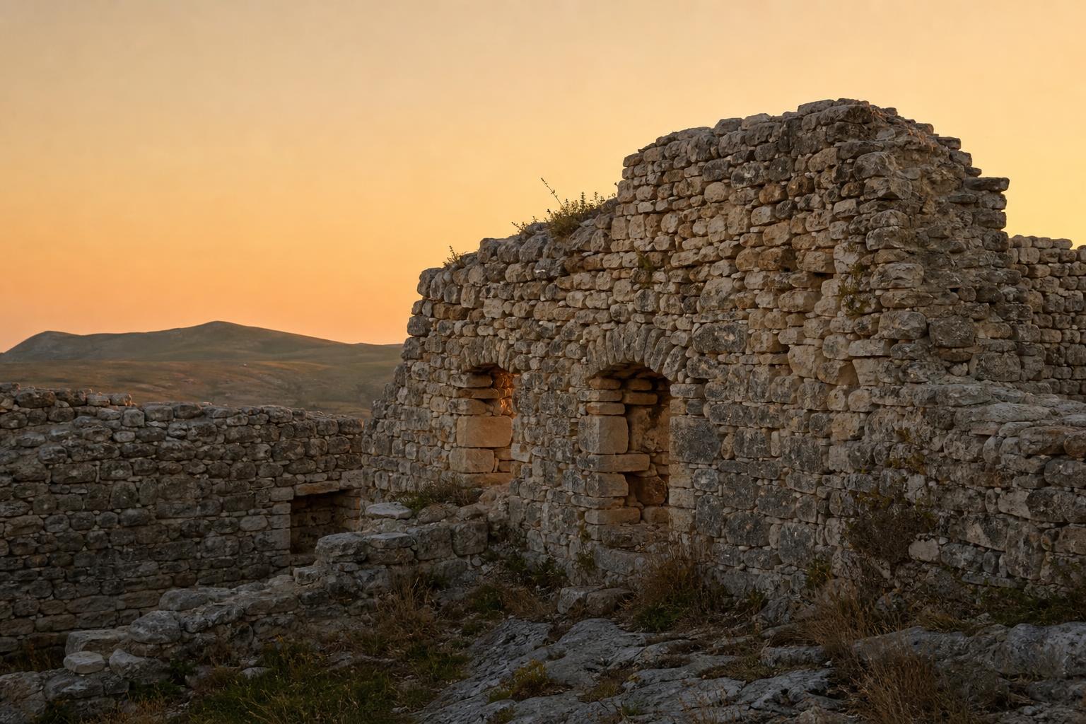 Ancient Illyrian stone-and-mortar fortress wall ruins at dusk against a pale orange sky, weather-worn, low rolling hills behind.