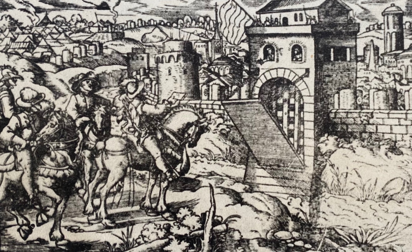 16th-century woodcut by Jost Amman depicting Skanderbeg's return to Krujë in 1444, raising the Kastrioti banner over the fortress walls.