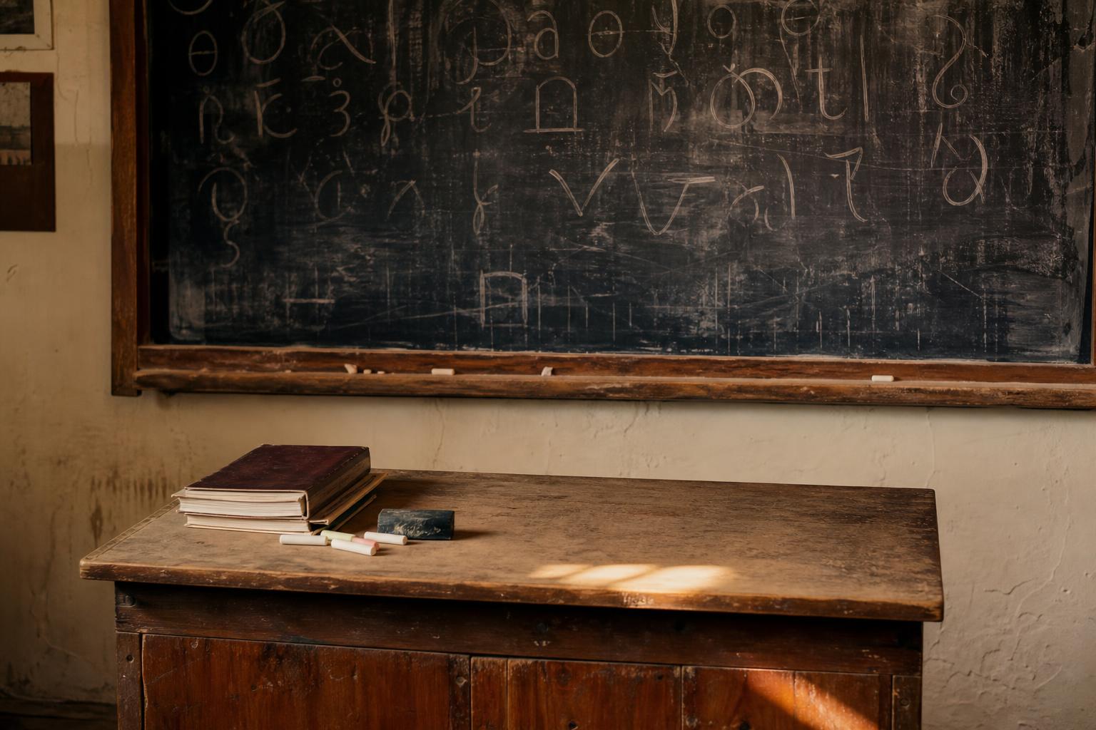 Weathered school chalkboard with faint partially-erased chalk marks of abstracted Albanian alphabet letterforms, a wooden teacher's desk in front, classroom feel.