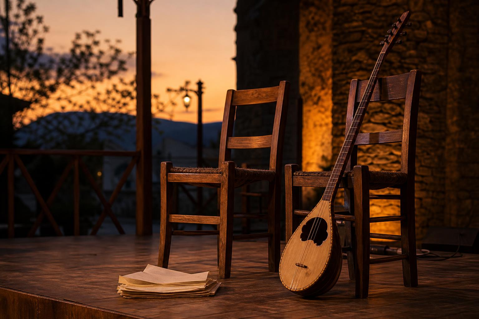 Empty small village stage at dusk with two wooden chairs, a çifteli leaning against one chair, a few folded blank music sheets on the floor.