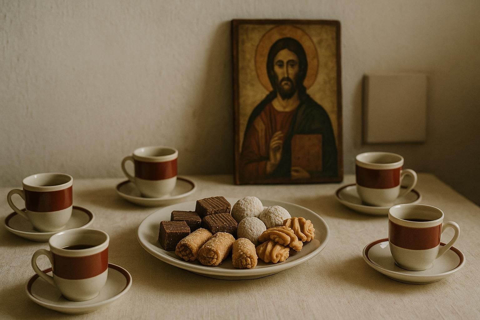 Nje tryeze e thjeshte shtepie pergatitur per miq — filxhane kafeje, nje pjate me embelsira, dhe ikona e nje shenjti mbeshtetur pas murit.
