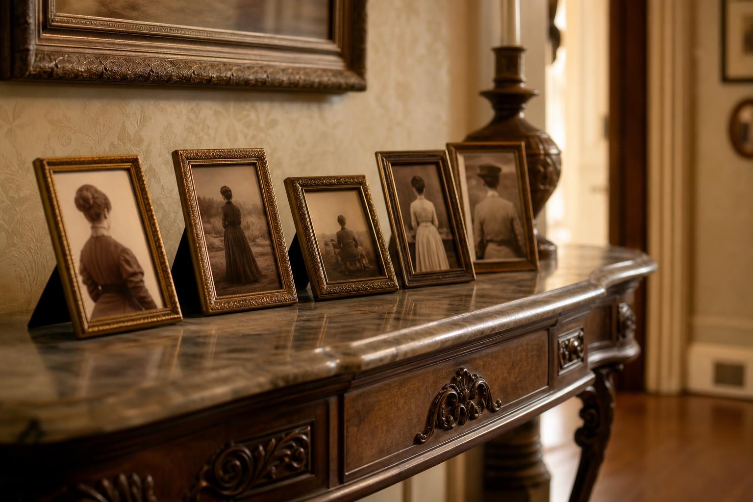 Row of small framed sepia photographs on a Victorian-era hallway side table — figures in formal Edwardian dress, faces in soft focus and turned away, lit by warm afternoon light.