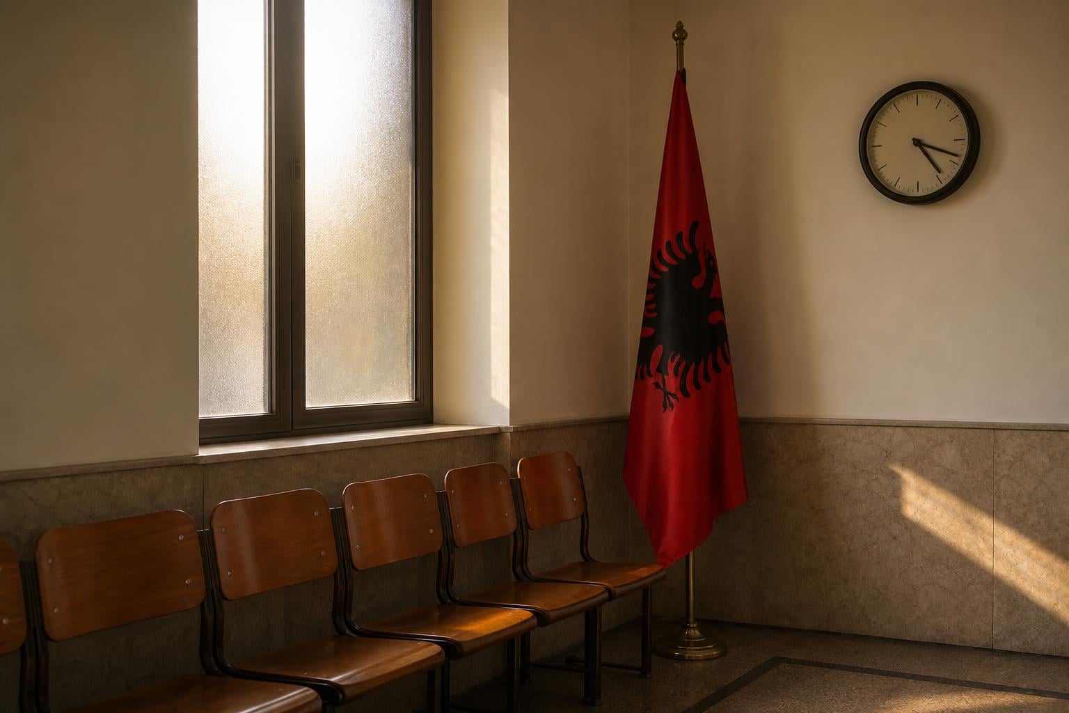 Empty Albanian consulate waiting area — wooden chairs in a row, an Albanian flag in a floor stand, a wall clock, late afternoon light through frosted windows.