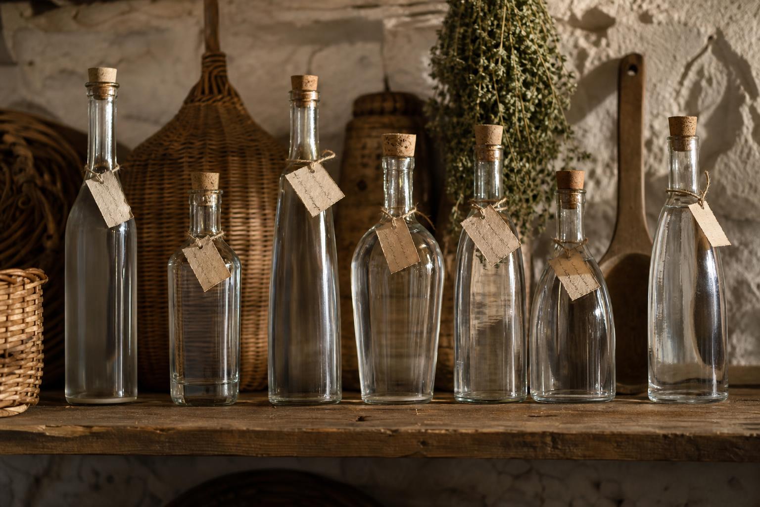 Row of homemade raki bottles on a wooden shelf in an Albanian village pantry, each filled to a different level, sealed with cork stoppers, and tagged with handwritten paper labels at the neck.