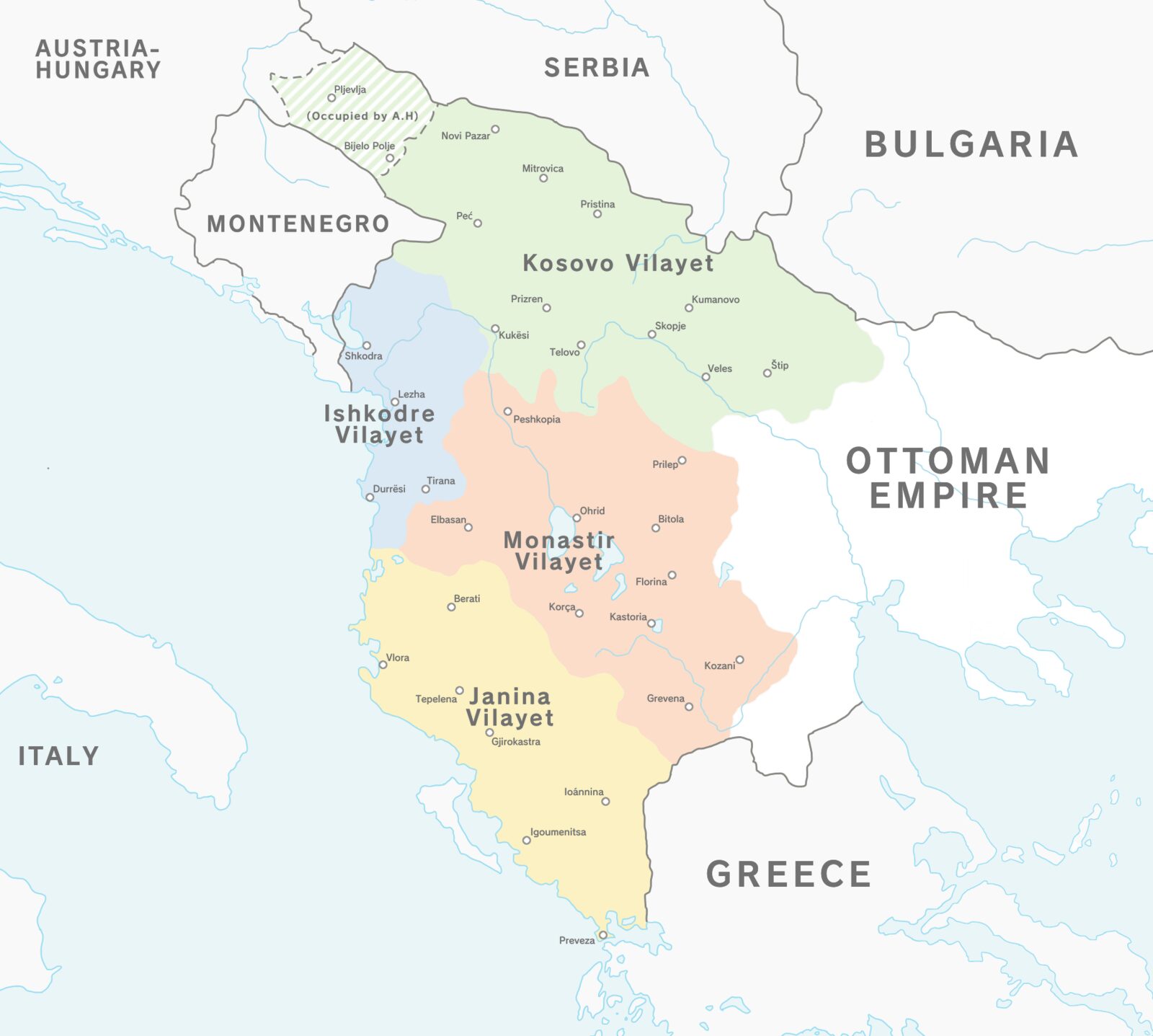 Map of the four Ottoman vilayets — Kosovo, Shkodër, Manastir, and Janina — that the League of Prizren claimed as Albanian-inhabited territory in 1878.