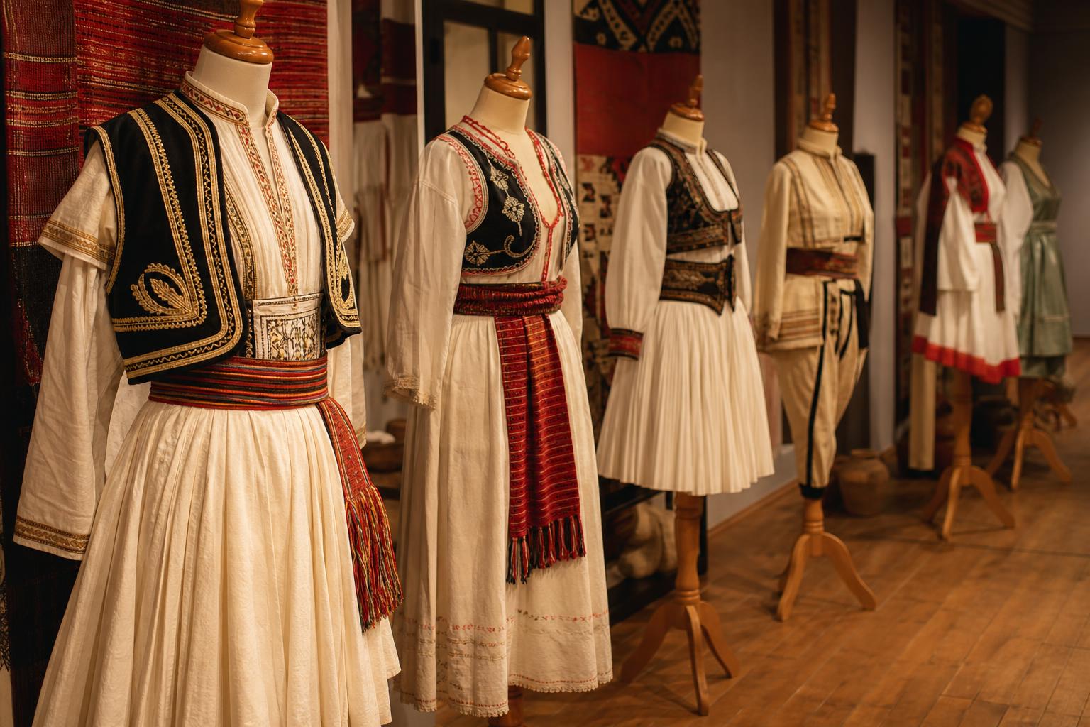 Row of folk costumes on wooden mannequins in a cultural museum display, soft warm gallery lighting.