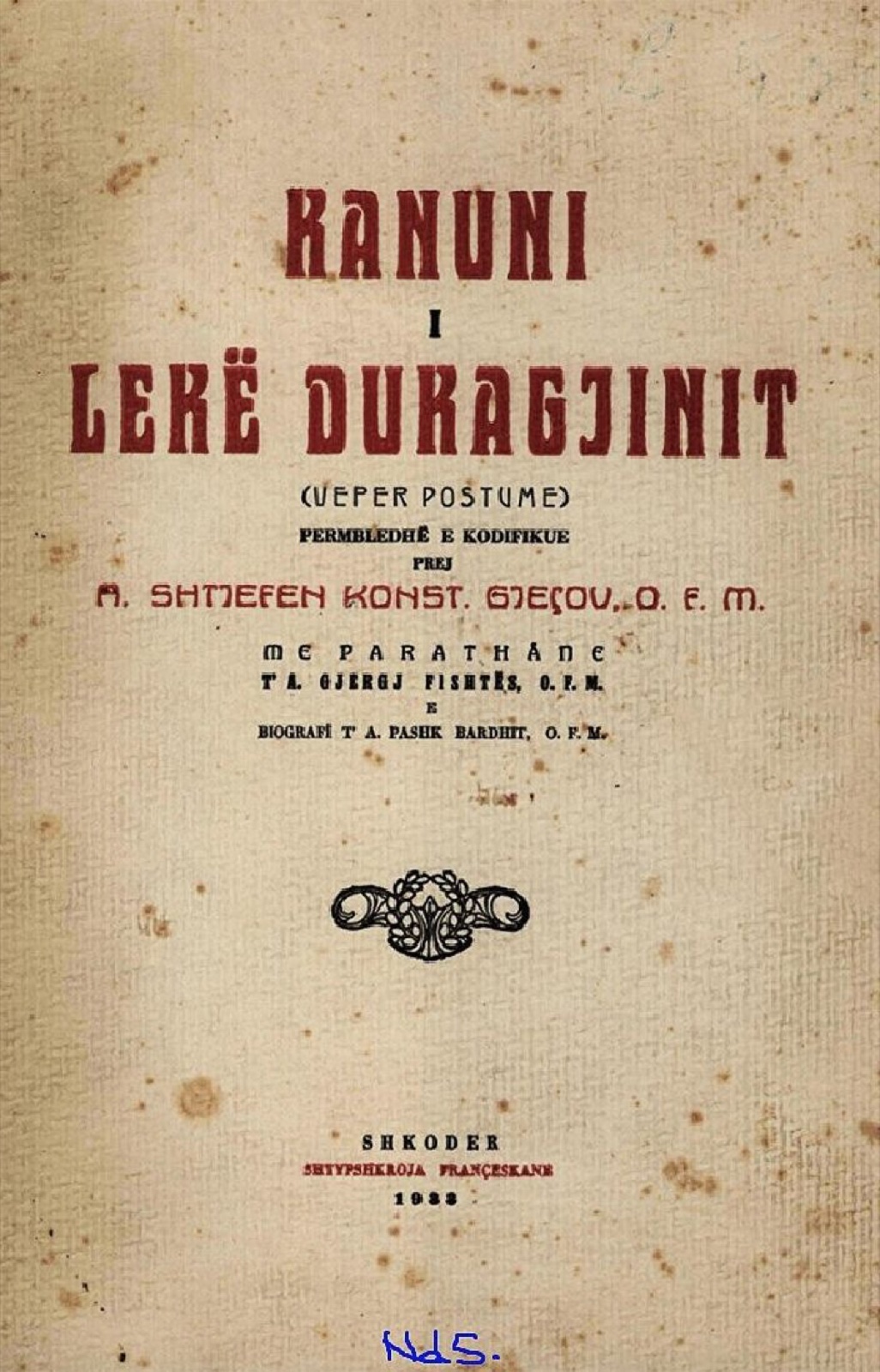 Cover or title page of the Kanuni i Lekë Dukagjinit, the codified northern Albanian customary law.