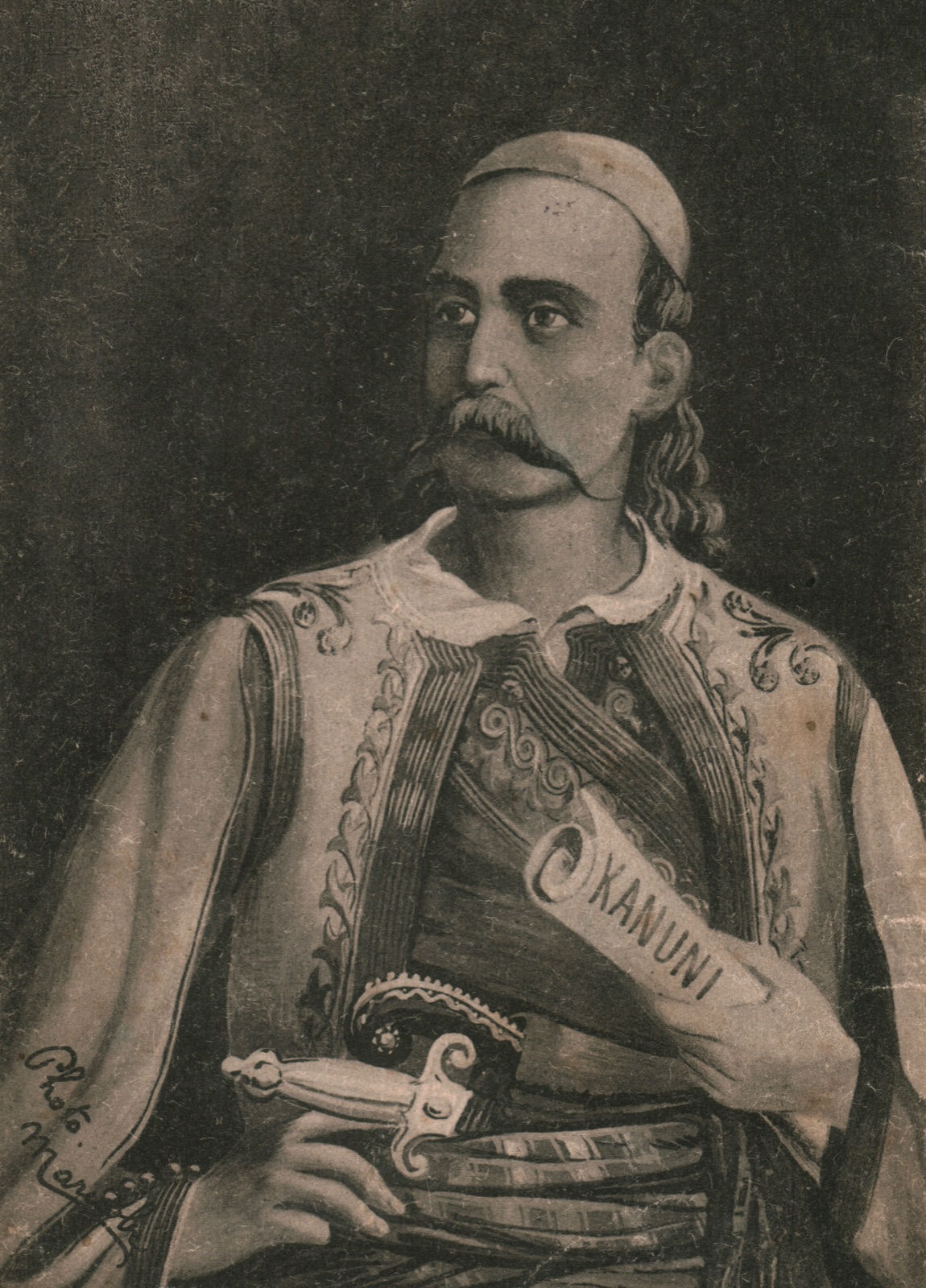 19th-century postcard portrait of Lekë Dukagjini in highland dress, holding the Kanun.