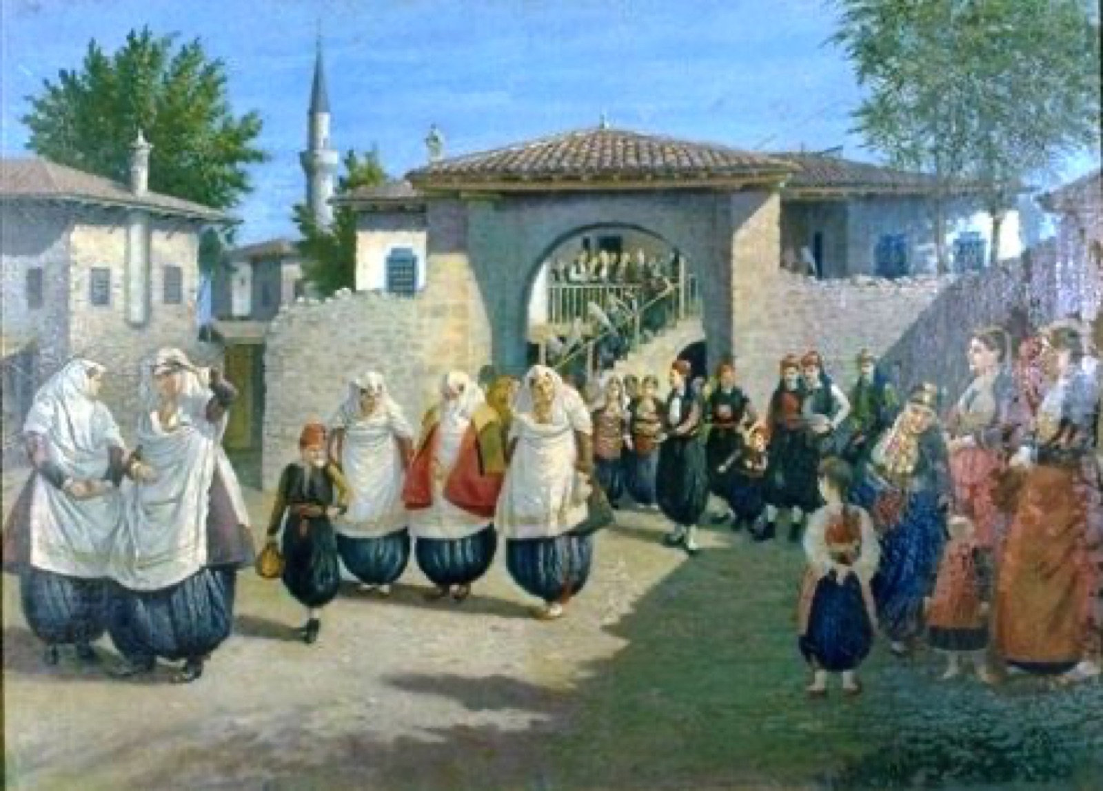 Kolë Idromeno's 1924 oil painting Dasma Shkodrane — a Shkodra wedding procession with bride, groomsmen, and musicians.