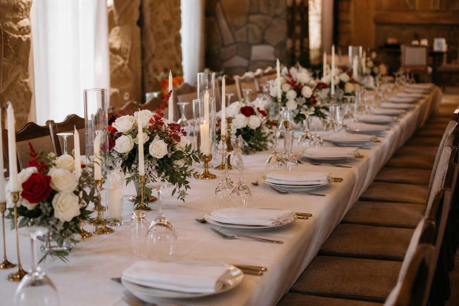 Empty long banquet table set for an Albanian wedding feast — white linens, place settings, candles, white-and-red flower arrangements down the center, no people.