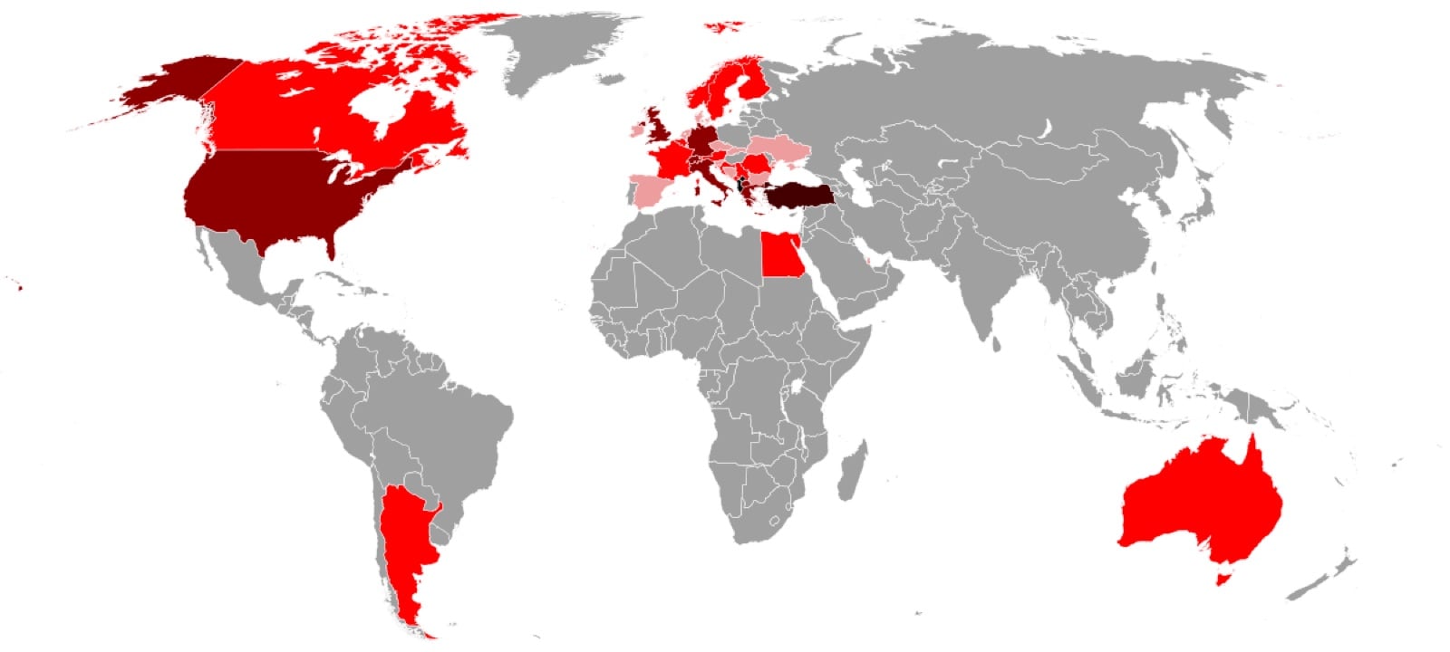 World map of the Albanian diaspora — Albania and Kosovo as the core, with concentrations across Italy, Greece, Turkey, Germany, Switzerland, and the United States.