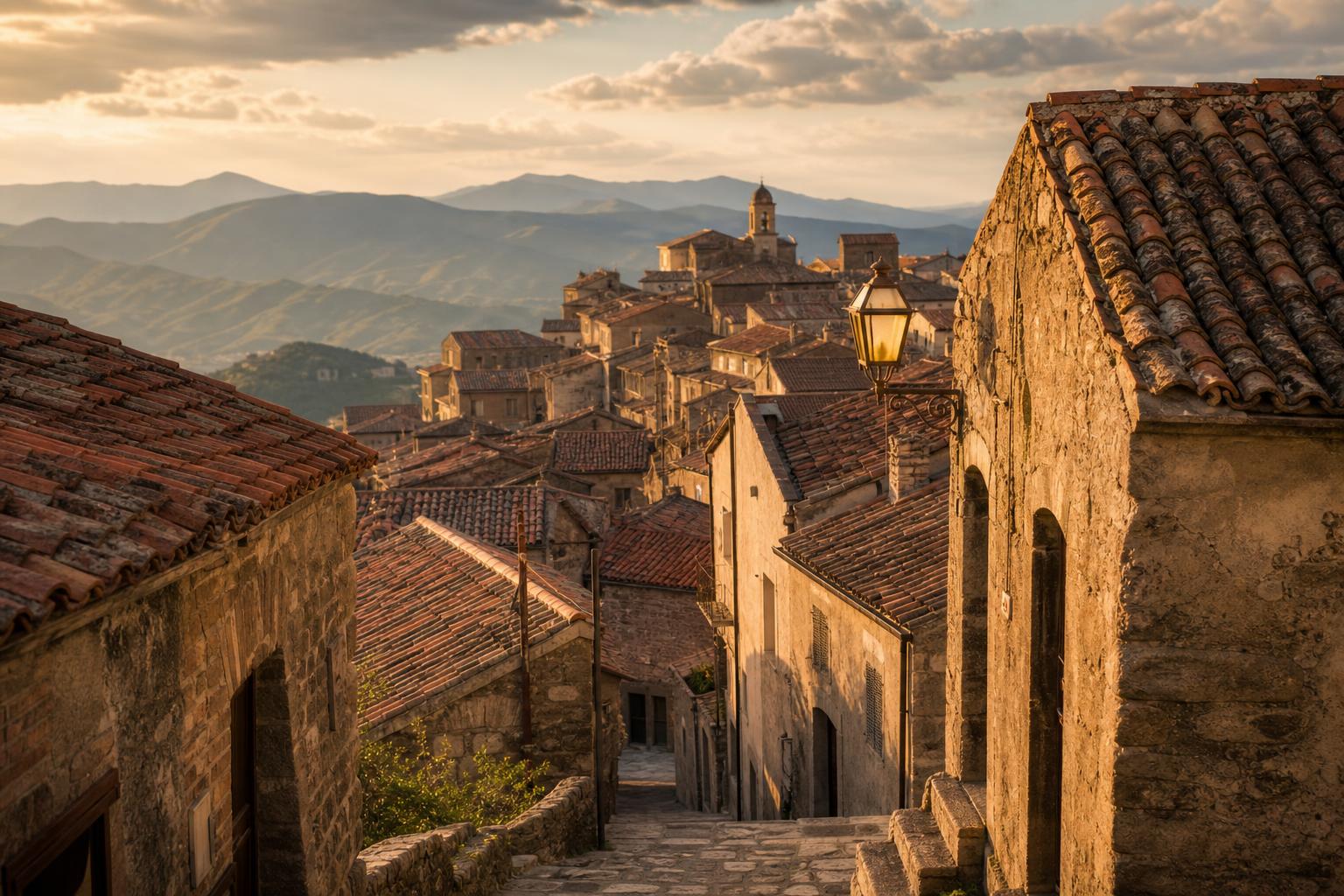 Hilltop Arbëresh village in southern Italy at golden hour — terracotta roofs, narrow stone streets, distant Calabrian mountains.