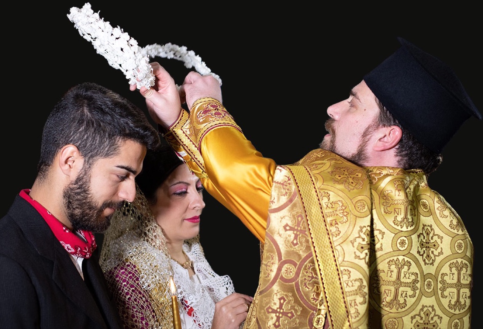 The crowning rite during a Byzantine-rite Italo-Albanian wedding in Calabria — one of the distinctive sacramental traditions the Arbëreshë carried from the medieval Albanian Orthodox world.