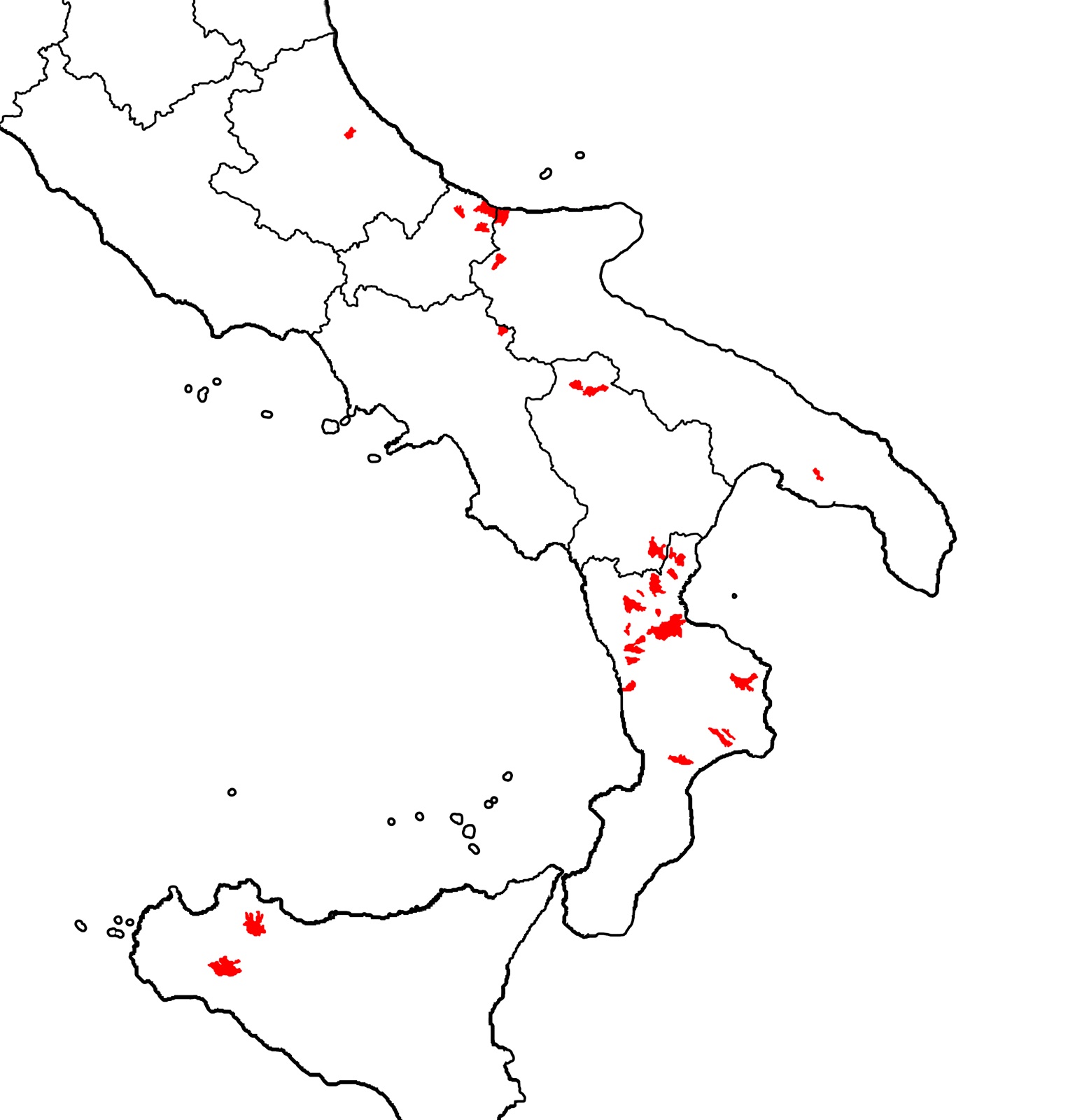 Map of the Arbëreshë settlements across southern Italy and Sicily — the surviving communes from the 13th–18th-century Albanian migration waves.