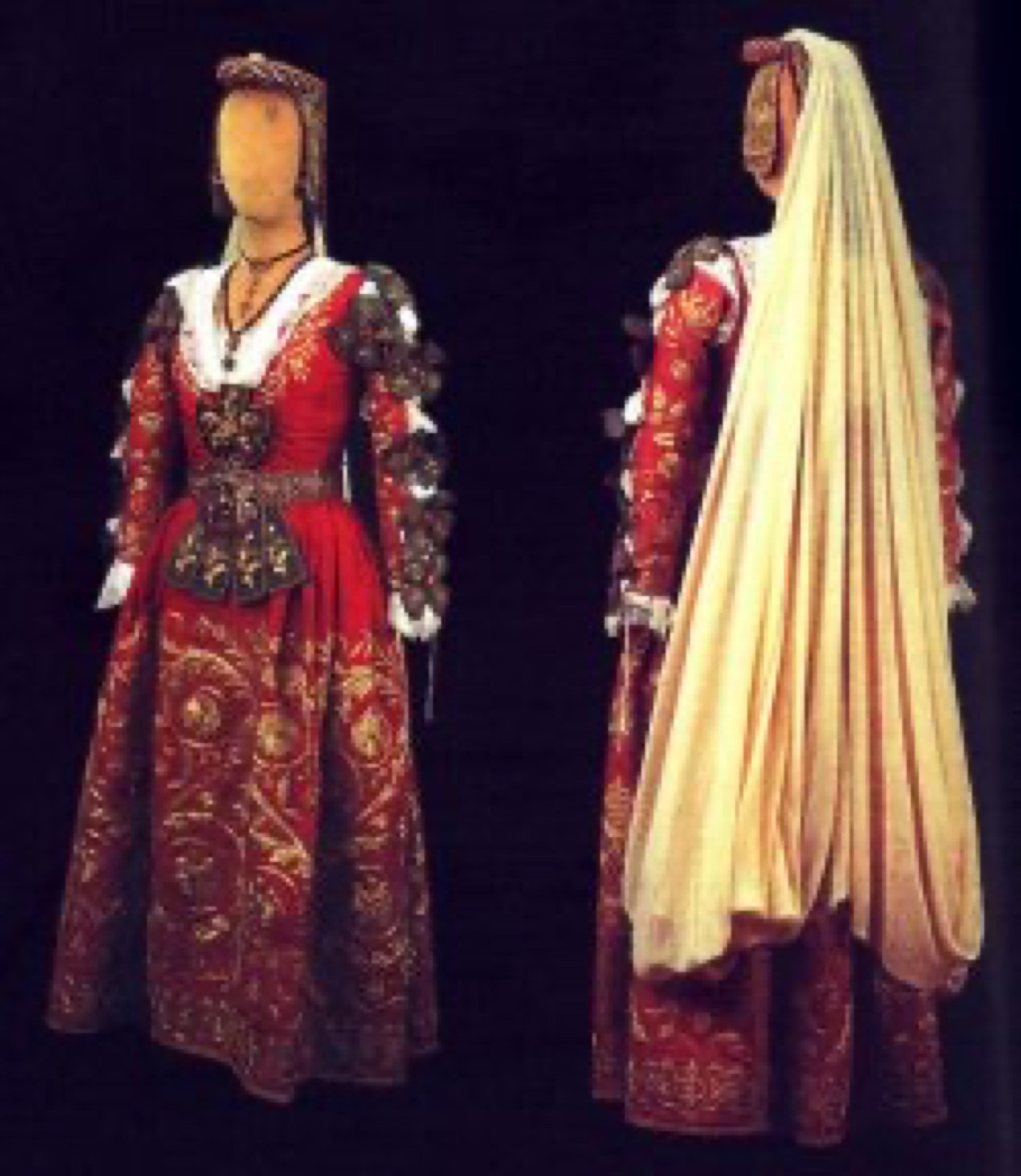 The ncilona — Arbëreshë wedding dress worn at the Catholic-Byzantine ceremony in Piana degli Albanesi, Sicily.