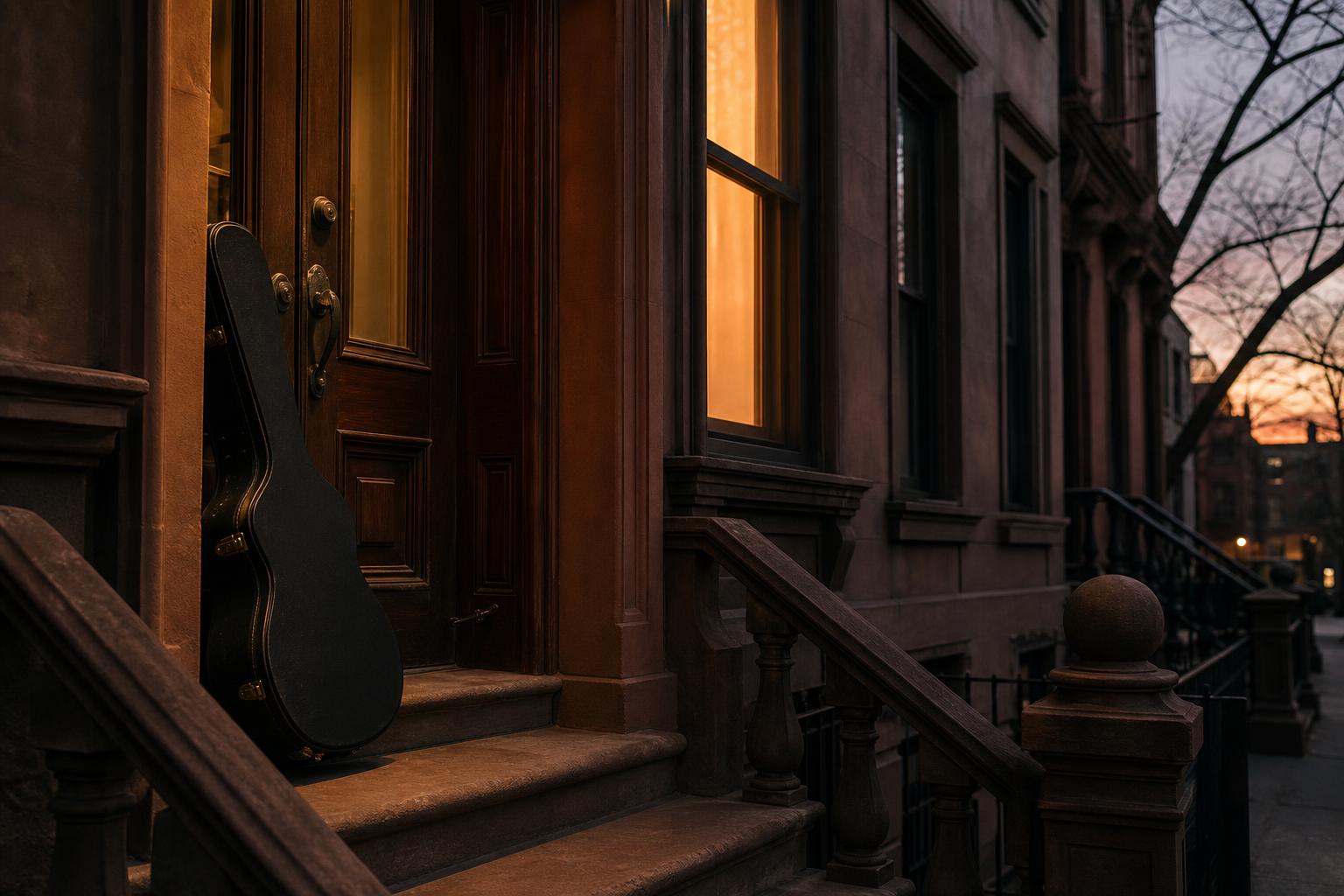 Empty 1990s Brooklyn brownstone front stoop at dusk with a black guitar case leaning beside the door, warm window light spilling out.