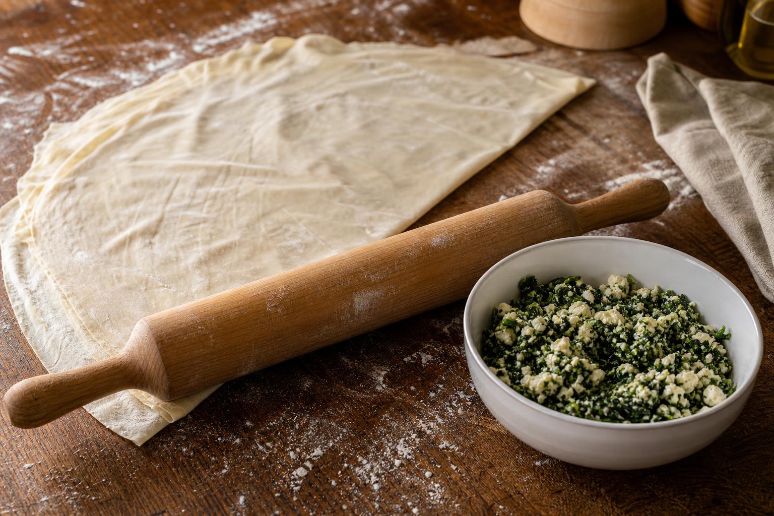 Rolled-out paper-thin filo dough on a floured wooden surface, a wooden rolling pin laid across, and a bowl of cheese-spinach filling beside.