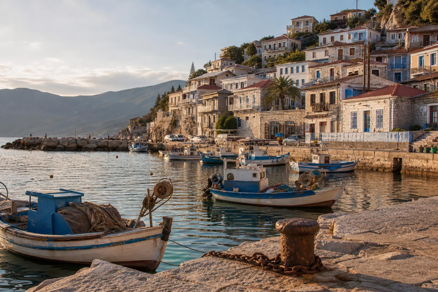Mediterranean fishing town at golden hour with stone harbor and pastel buildings stacked up a hillside.