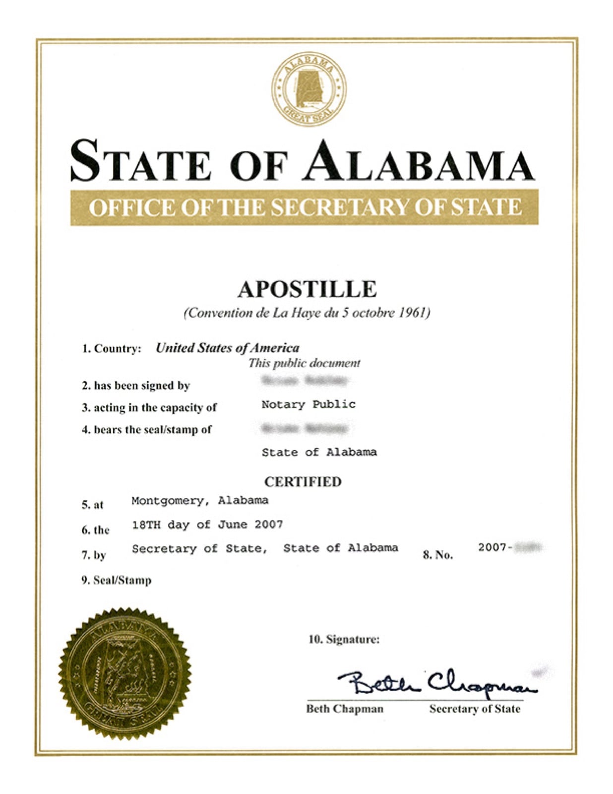 Example of a Hague apostille certificate issued by a US state — the form Albania's Ministry of Interior expects on every US document in your file.