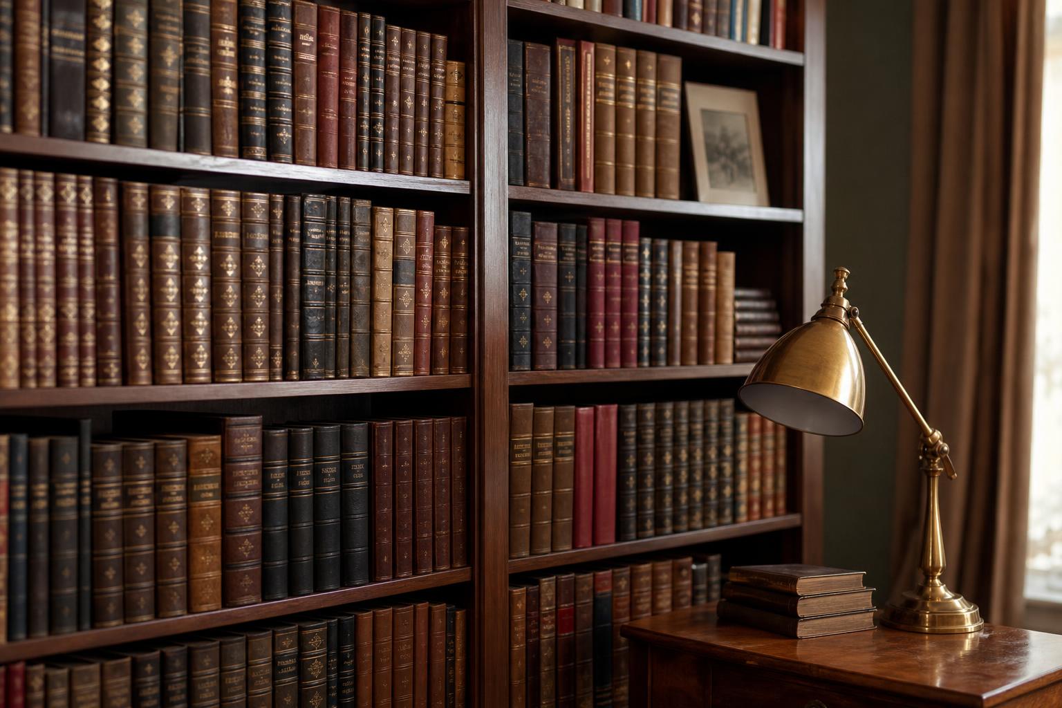 Tall bookshelf of leather-bound biographies and Albanian history volumes, soft library lighting, a brass reading lamp on a side table.