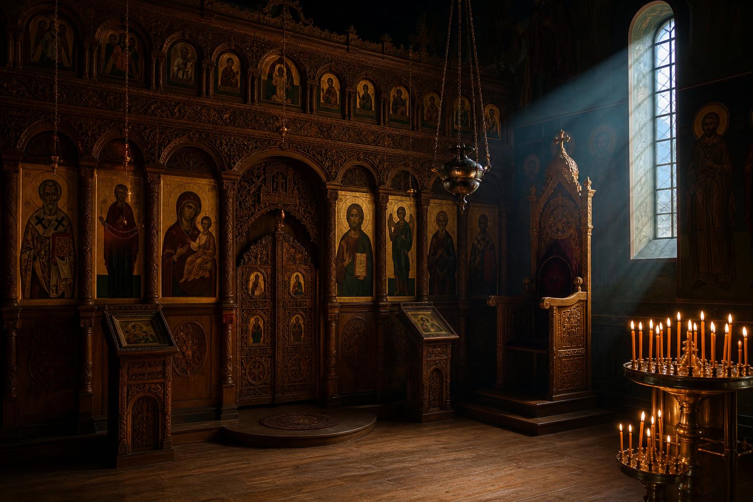 Empty Albanian Orthodox church interior in soft afternoon light, carved wooden iconostasis and a row of beeswax candles burning quietly in brass holders.