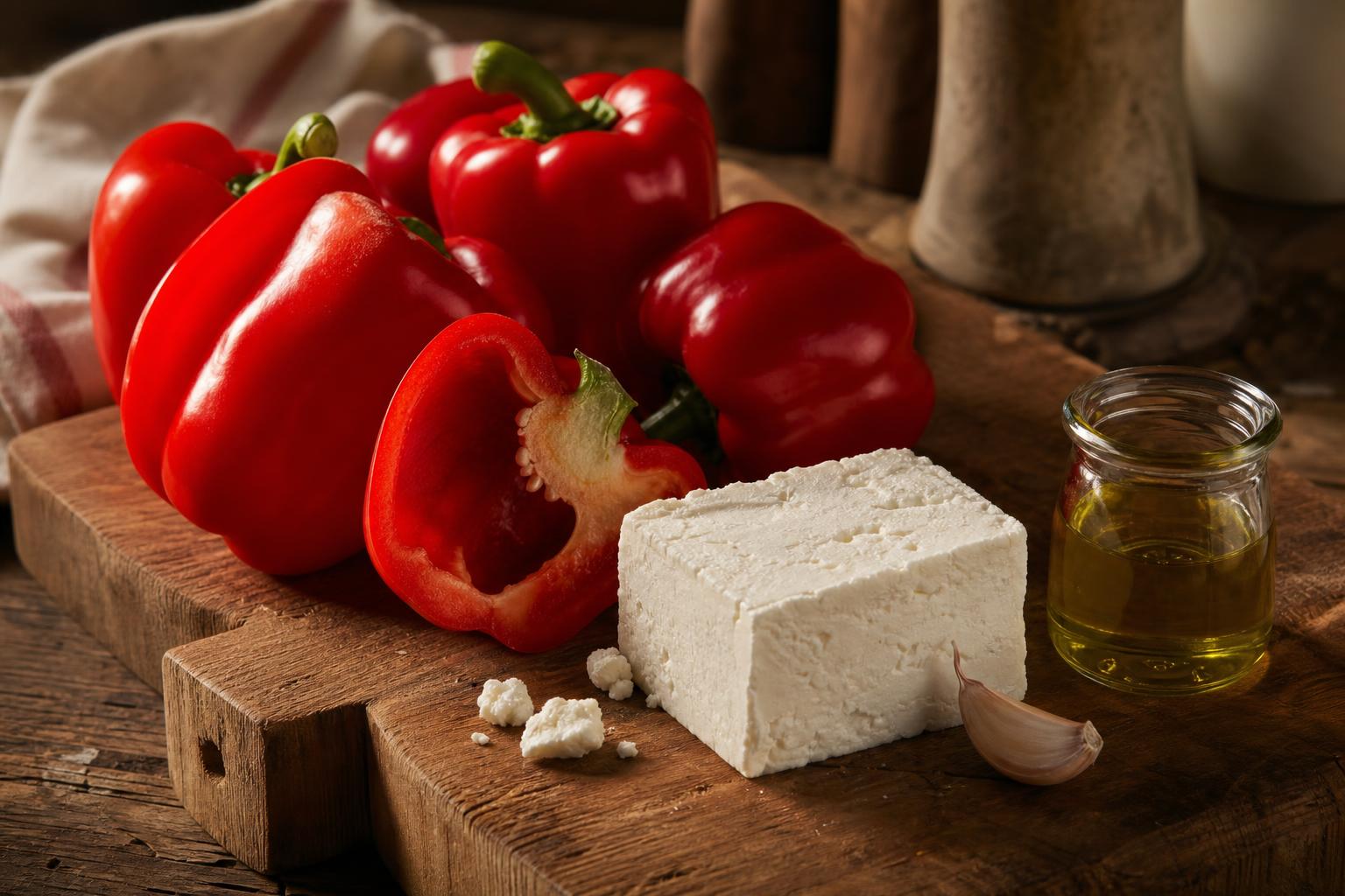Raw red bell peppers on a wooden cutting board beside a block of fresh white cheese, a clove of garlic, and a small clear jar of olive oil.