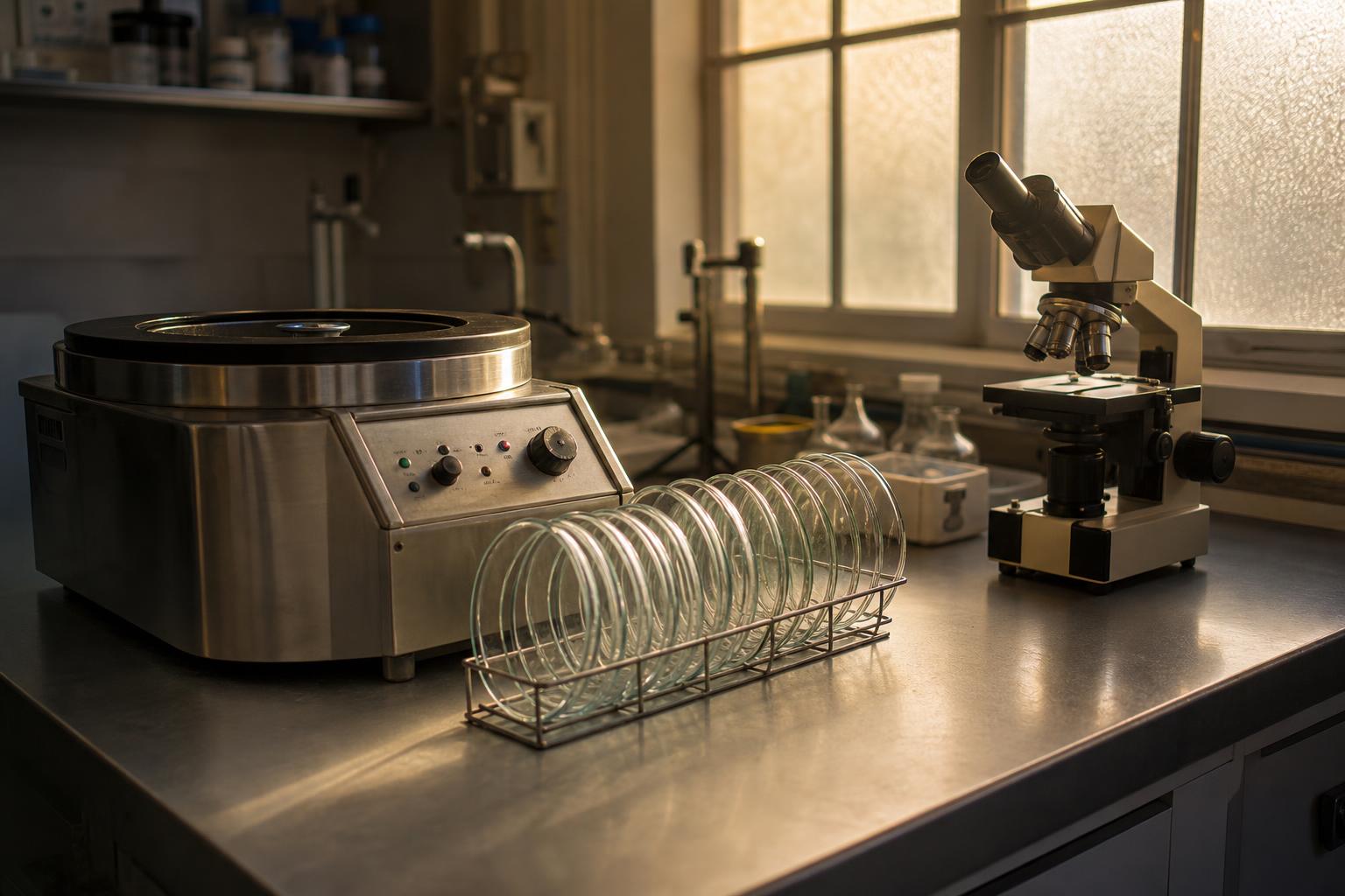 Empty research lab bench at end of day — stainless centrifuge, a row of glass petri dishes, a microscope, late afternoon natural light through frosted windows.