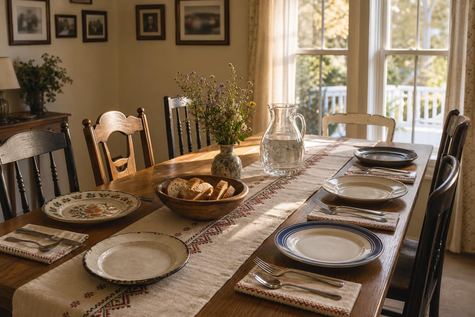 Long oak dining table set for a multi-generational Albanian-American family meal — five place settings of different generations of plates, an embroidered linen runner with subtle red-and-black geometric pattern, a wooden bowl of bread and a small vase of wildflowers in the center, late-afternoon light streaming in through tall windows.