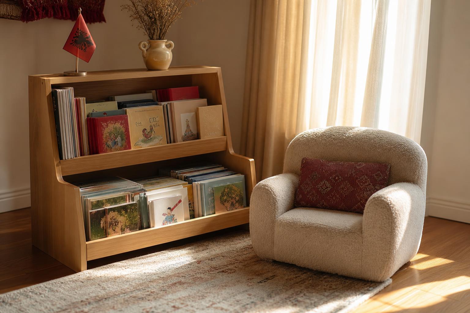 Empty Albanian-American living-room reading corner — a small bookshelf of bilingual books, a child-sized soft chair, sunlight through curtains.