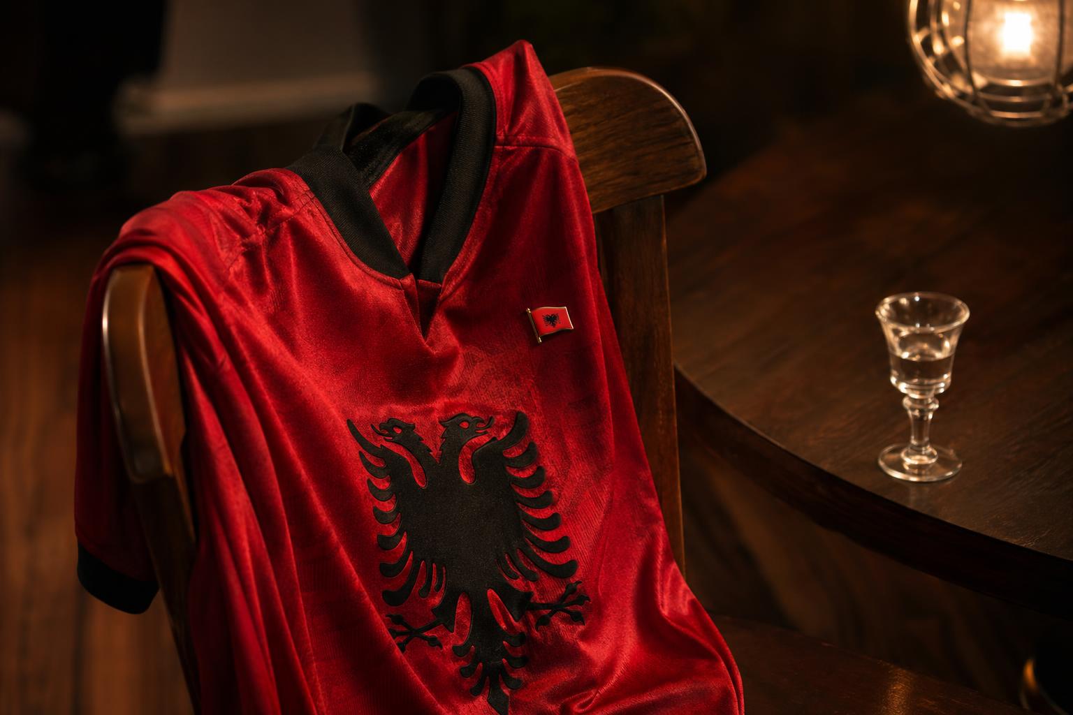 Red and black Kombëtarja jersey draped over a chair with a small Albanian flag pin